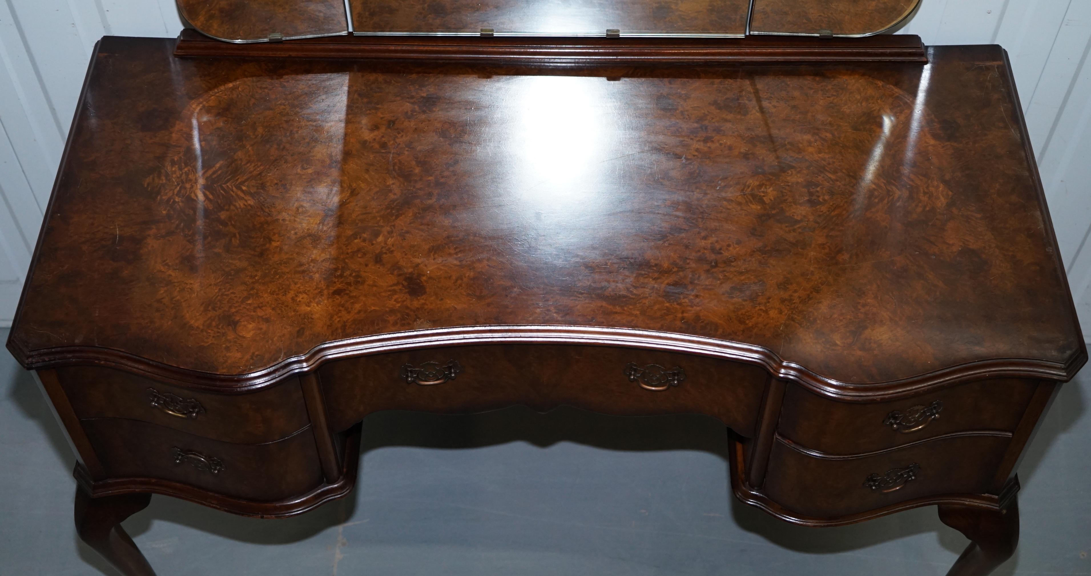 Vintage circa 1930s Burr Quarter Cut Walnut Dressing Table Tri Fold