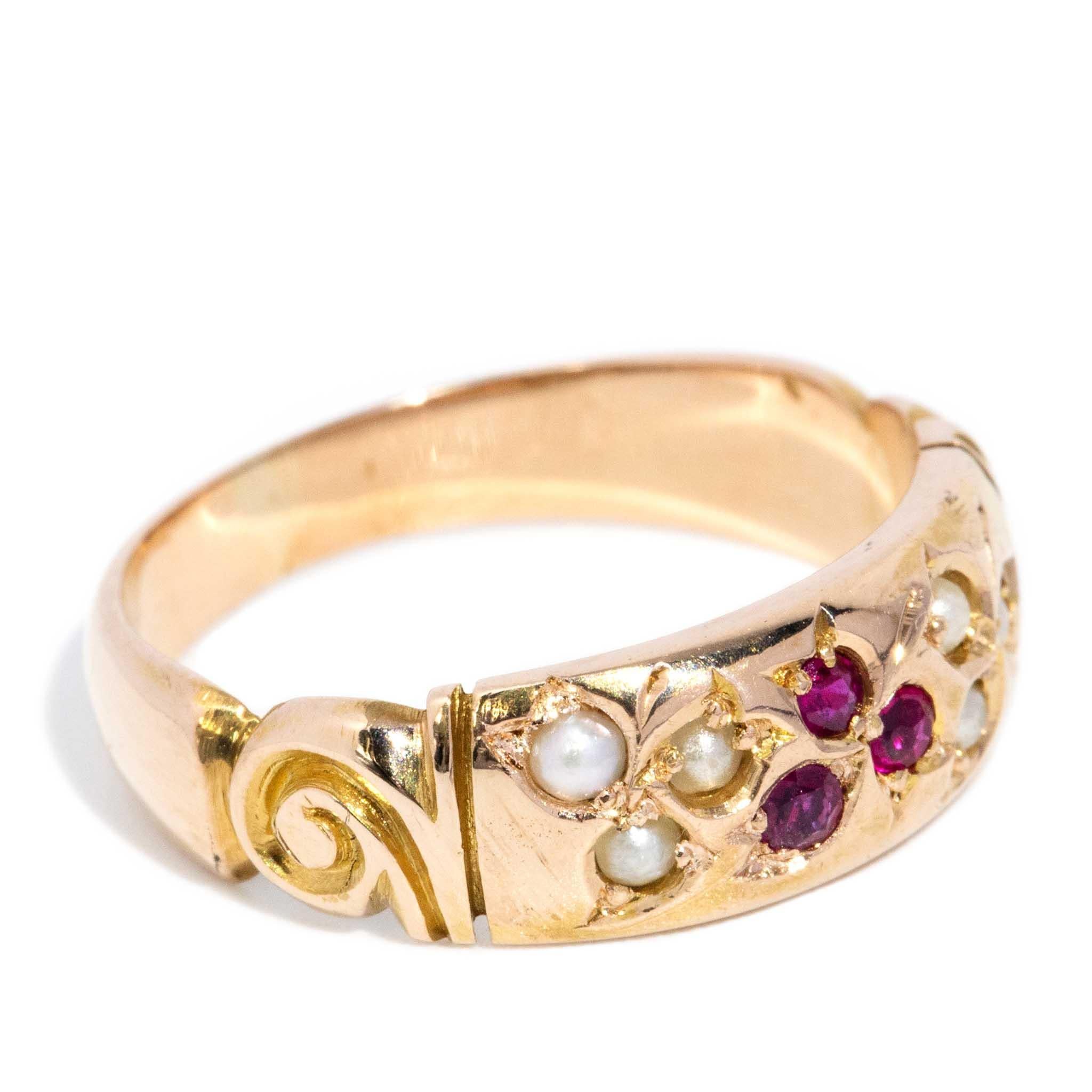 Modern Vintage Circa 1930s Deep Pinkish Red Ruby & Seed Pearl Band 18 Carat Yellow Gold