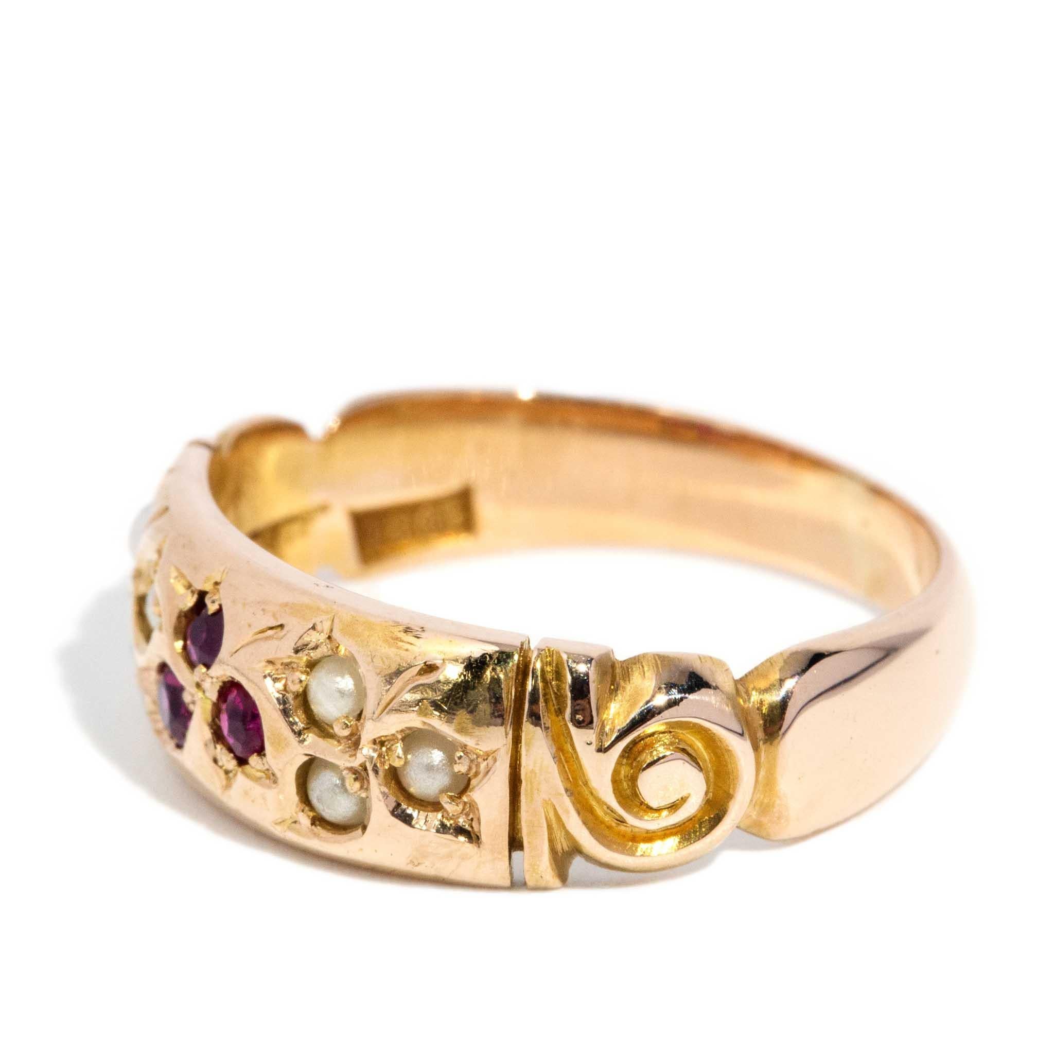 Round Cut Vintage Circa 1930s Deep Pinkish Red Ruby & Seed Pearl Band 18 Carat Yellow Gold