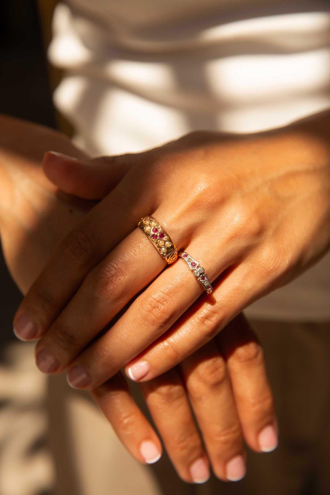 Vintage Circa 1930s Deep Pinkish Red Ruby & Seed Pearl Band 18 Carat Yellow Gold In Good Condition In Hamilton, AU