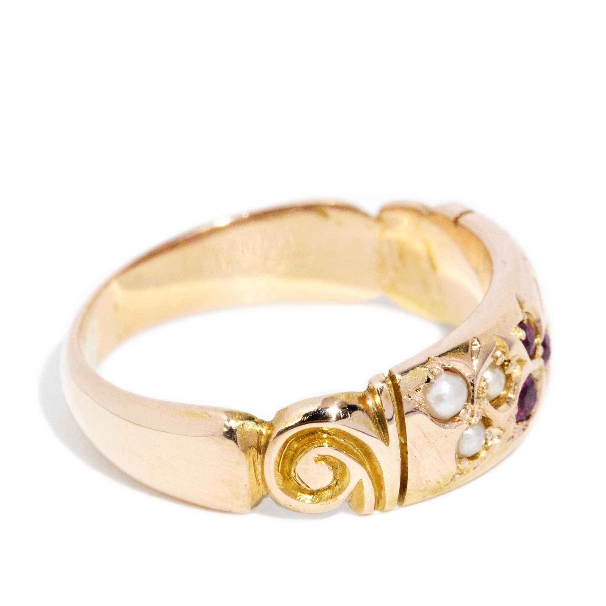 Women's Vintage Circa 1930s Deep Pinkish Red Ruby & Seed Pearl Band 18 Carat Yellow Gold