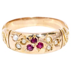 Vintage Circa 1930s Deep Pinkish Red Ruby & Seed Pearl Band 18 Carat Yellow Gold