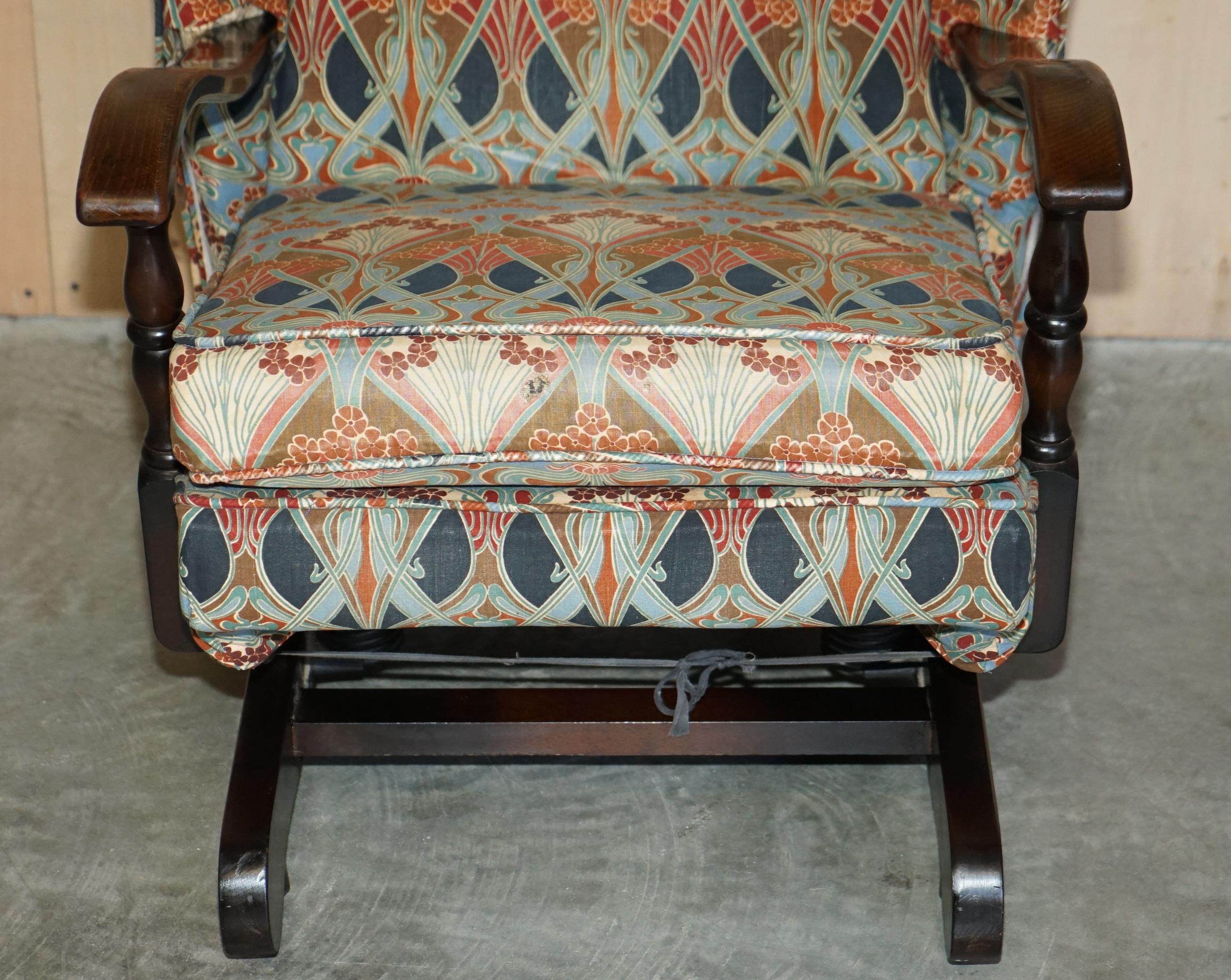 Upholstery VINTAGE CIRCA 1930's ENGLISH OAK ROCKING ARMCHAIR WITH LIBERTY'S LONDON IANTHE For Sale