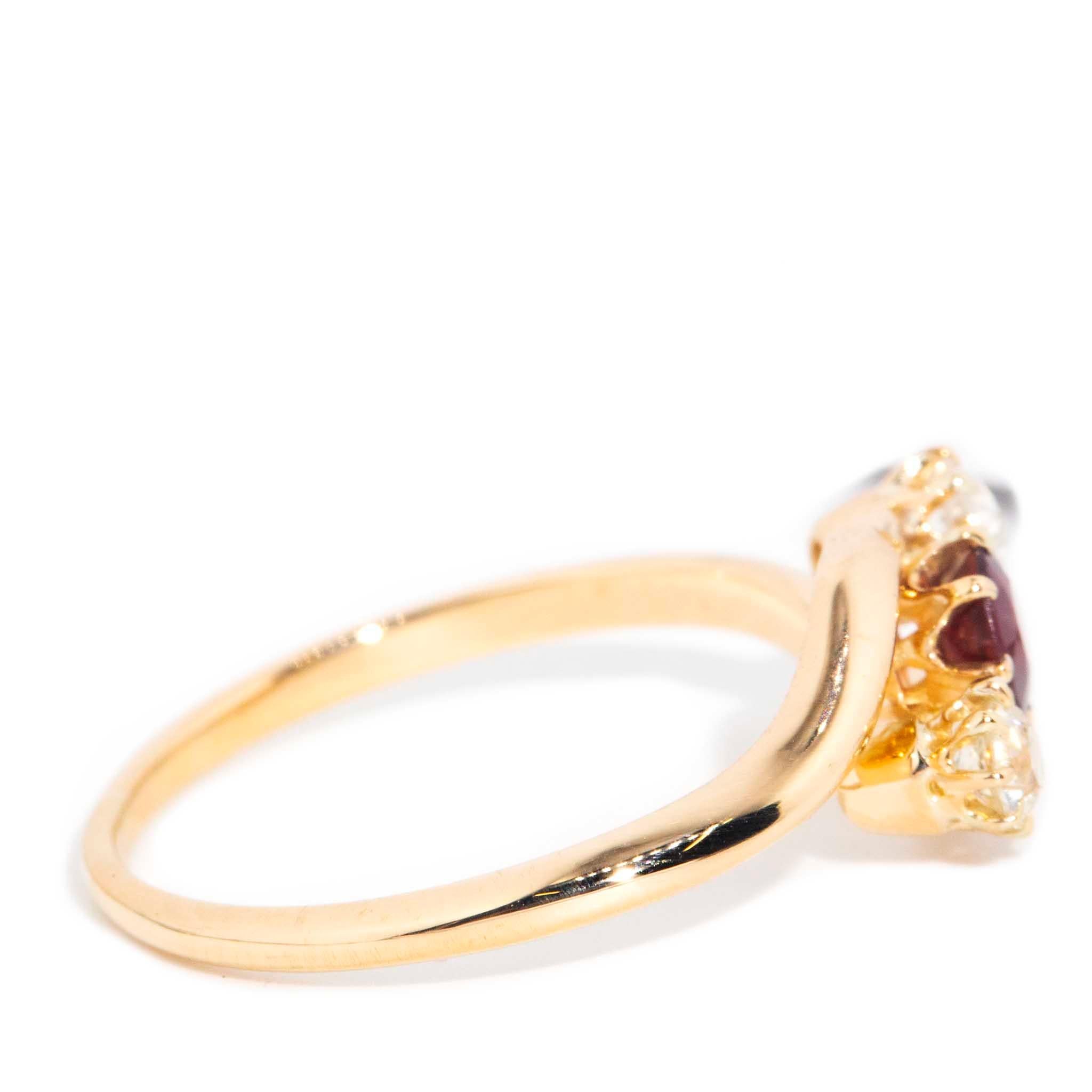 Women's Vintage Circa 1930s Garnet & Old Cut Diamond Crossover Ring 15 Carat Yellow Gold For Sale