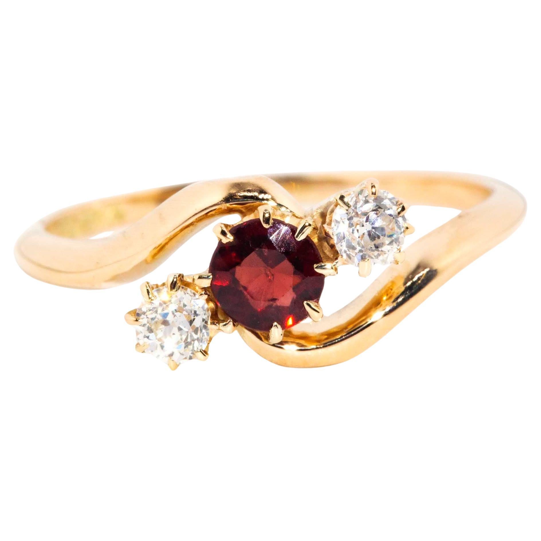 Vintage Circa 1930s Garnet & Old Cut Diamond Crossover Ring 15 Carat Yellow Gold For Sale