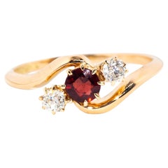 Vintage Circa 1930s Garnet & Old Cut Diamond Crossover Ring 15 Carat Yellow Gold