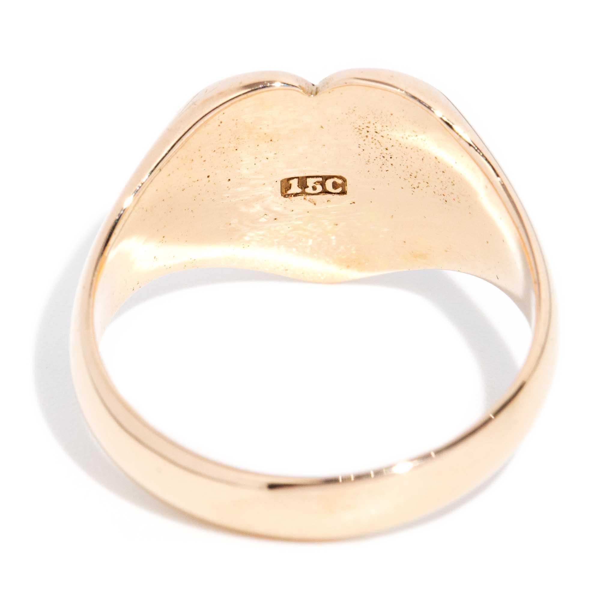 Vintage Circa 1930s Heart Shaped Signet Ring 15 Carat Rose Gold For Sale 1