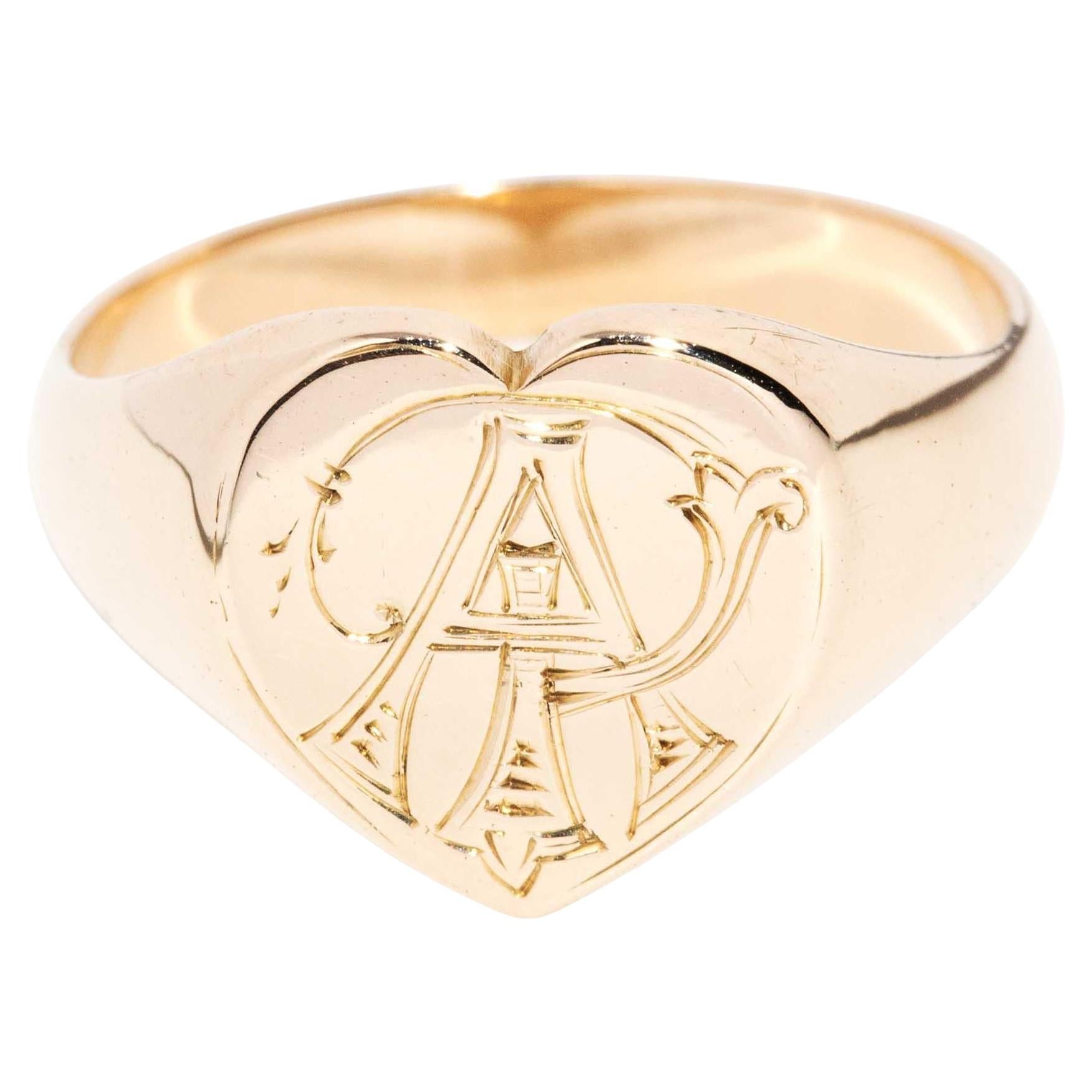 Vintage Circa 1930s Heart Shaped Signet Ring 15 Carat Rose Gold