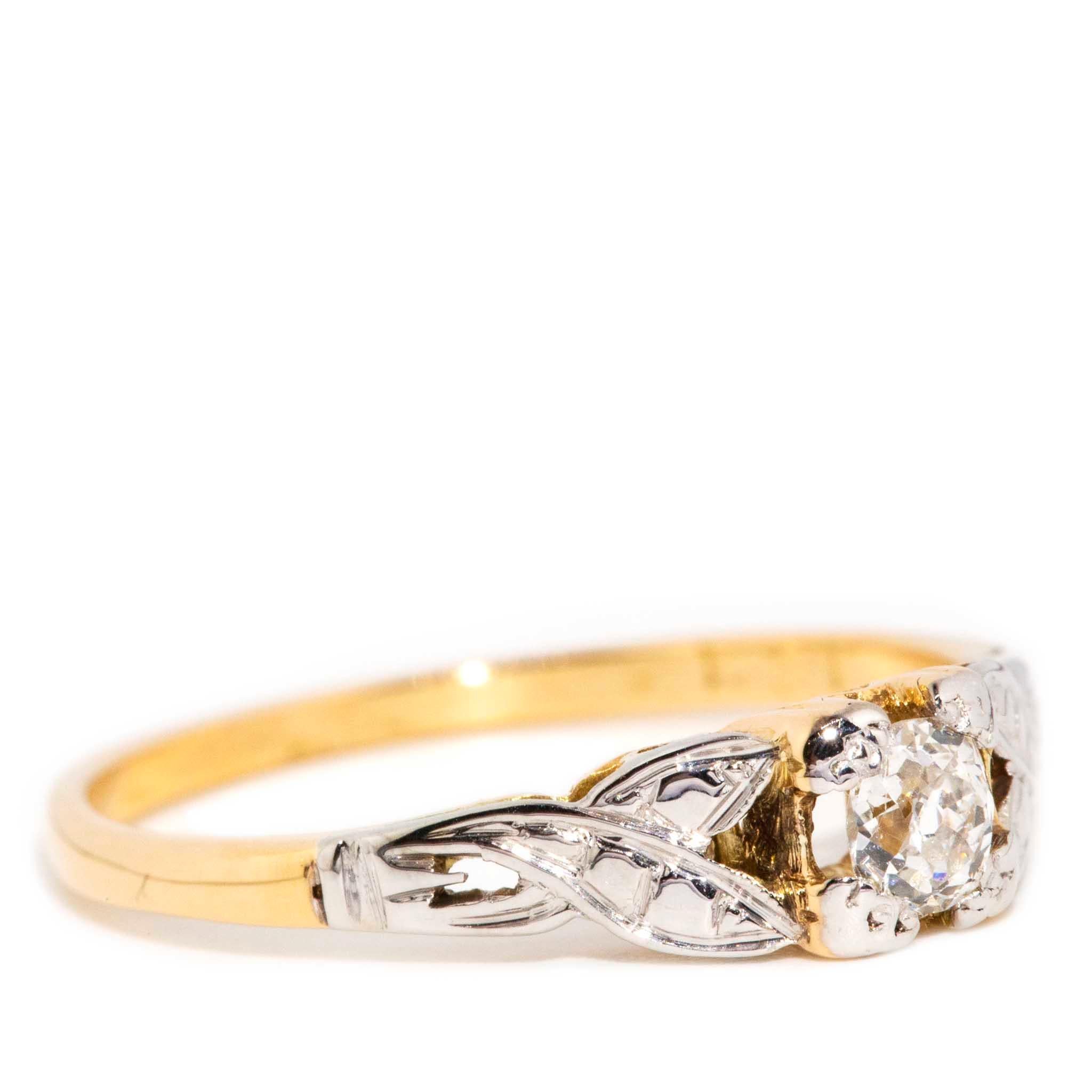 Modern Vintage Circa 1930s Old Cut Diamond Solitaire Ring 15 Carat Yellow & White Gold For Sale