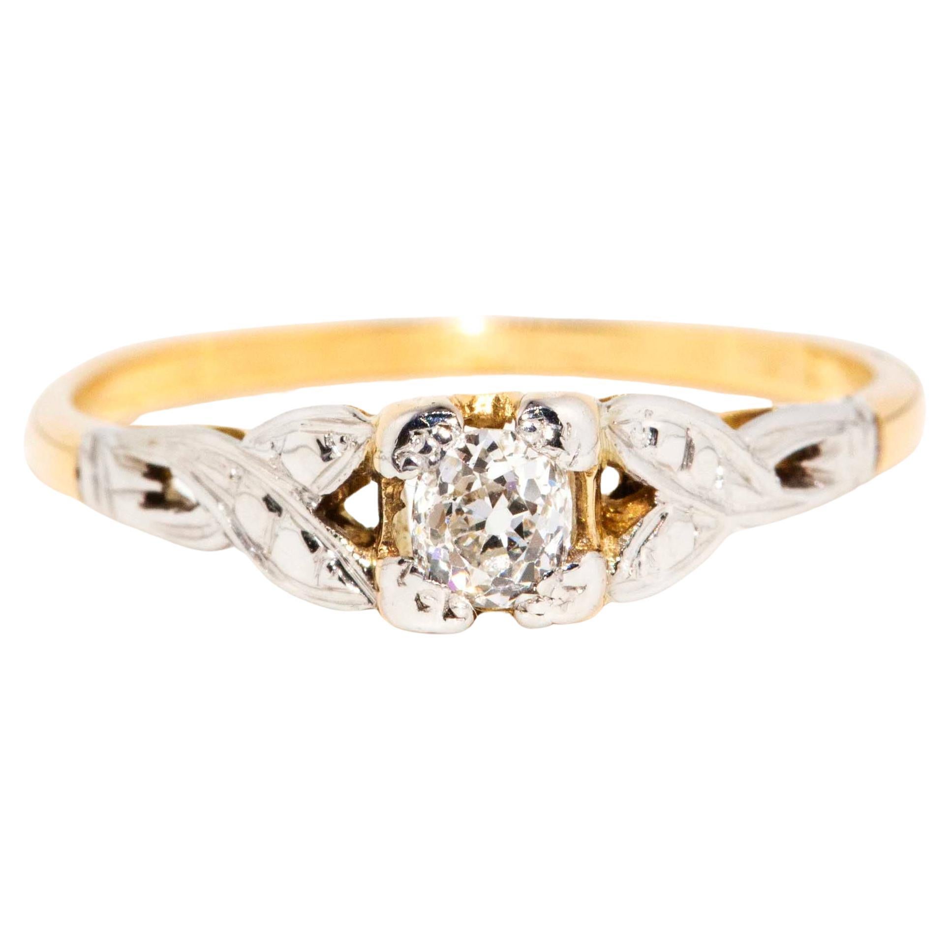 Vintage Circa 1930s Old Cut Diamond Solitaire Ring 15 Carat Yellow & White Gold For Sale
