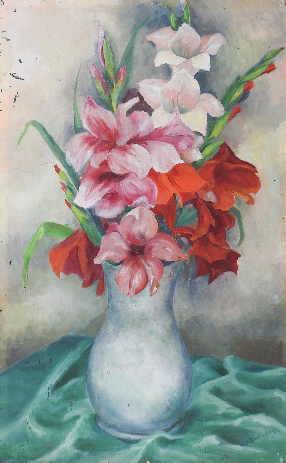 Vintage circa 1930's oil on canvas board still life with pink and red Gladiolas by Viola Blackman Wrigley (b. 1892) New York/Indiana. Signed lower right corner. Unframed, edge wear, scattered paint losses.