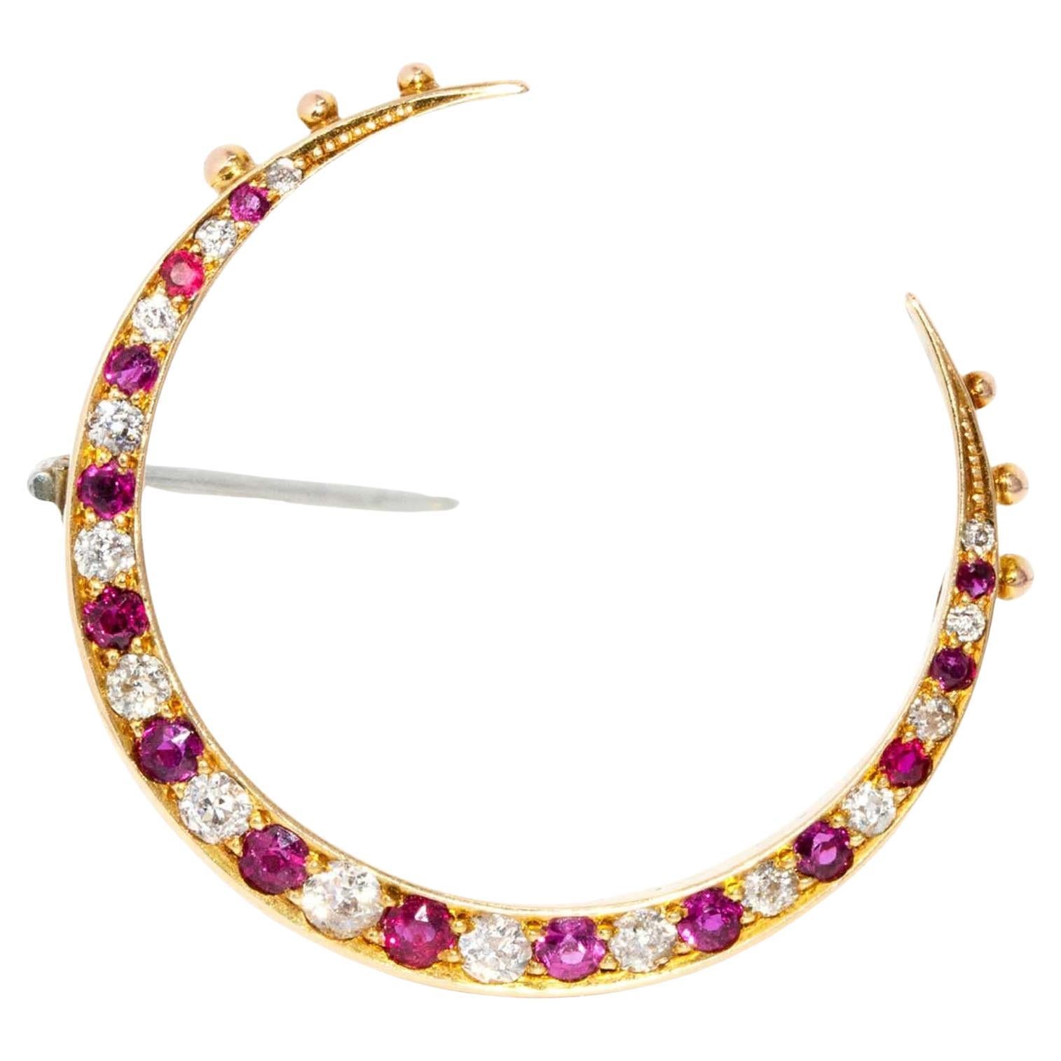 Vintage Circa 1930s Ruby & Diamond Crescent Brooch 18 Carat Yellow Gold