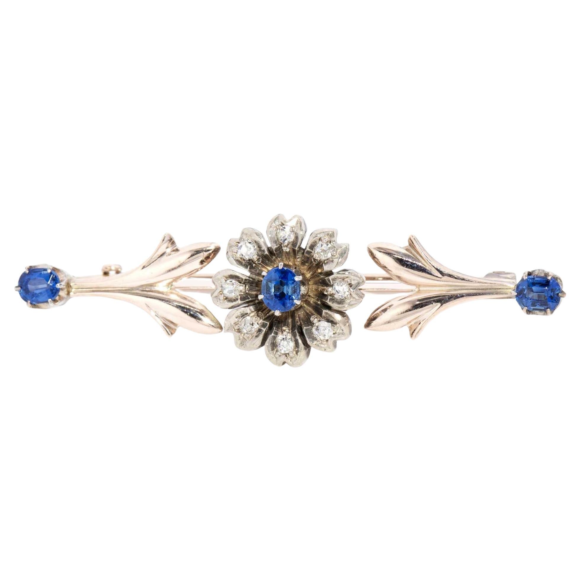 Vintage CIRCA 1930s Saphir & Diamant Blumenbrosche 15 Karat Gold