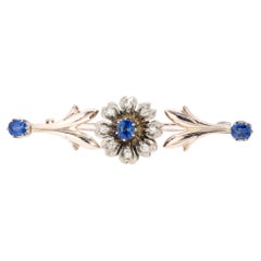Vintage Circa 1930s Sapphire & Diamond Flower Brooch 15 Carat Gold