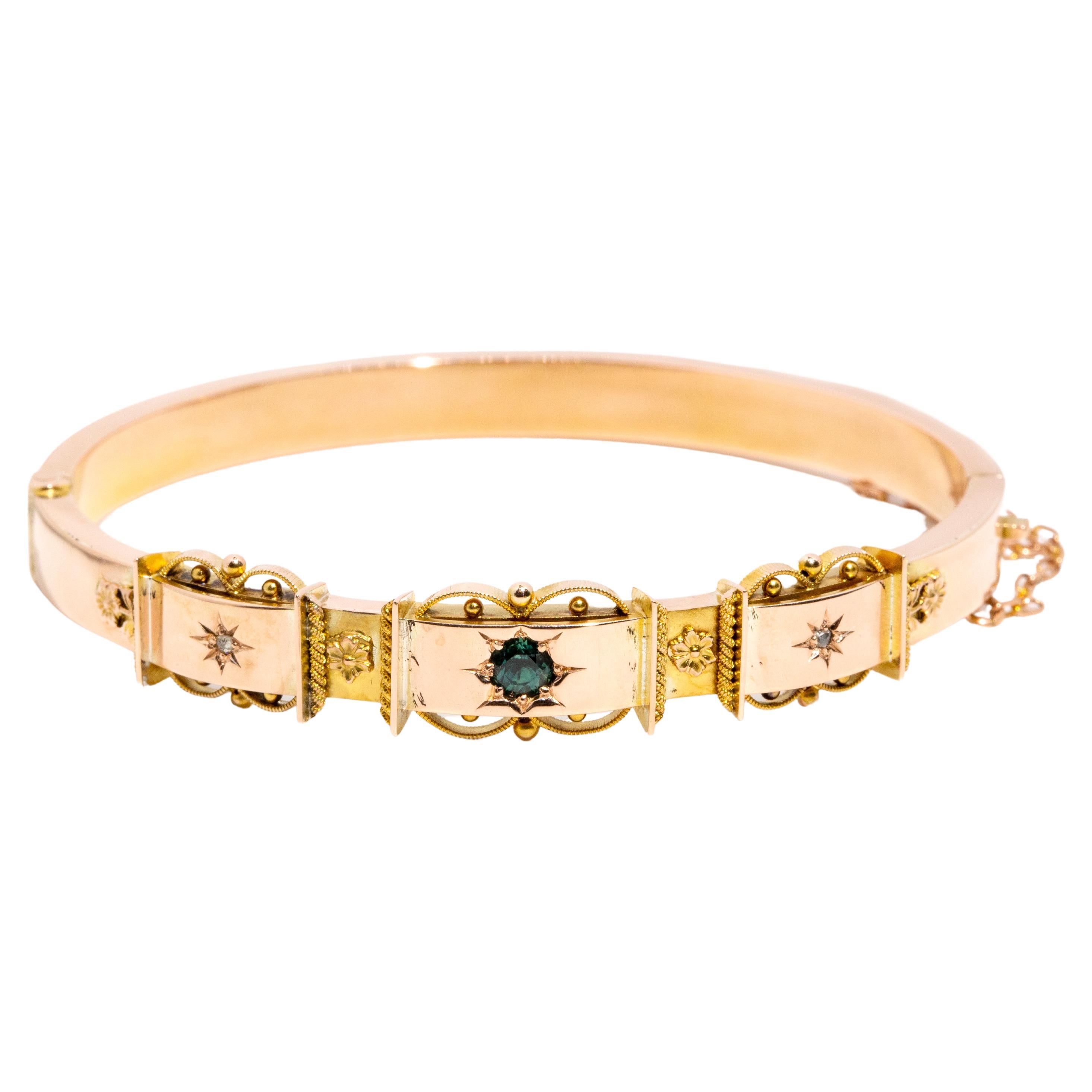 Vintage Circa 1930s Star Set Sapphire & Diamond Hinged Bracelet 9 Carat Gold For Sale