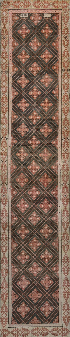 Vintage Circa-1938 Hand-woven Charcoal-Black and Pink Trellis Karabagh Runner
