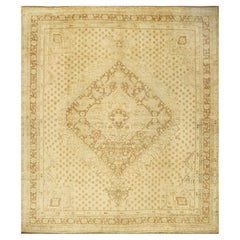 Vintage Circa 1940 Beige Turkish Oushak Hand Knotted Rug Carpet 11'4 x 12'11