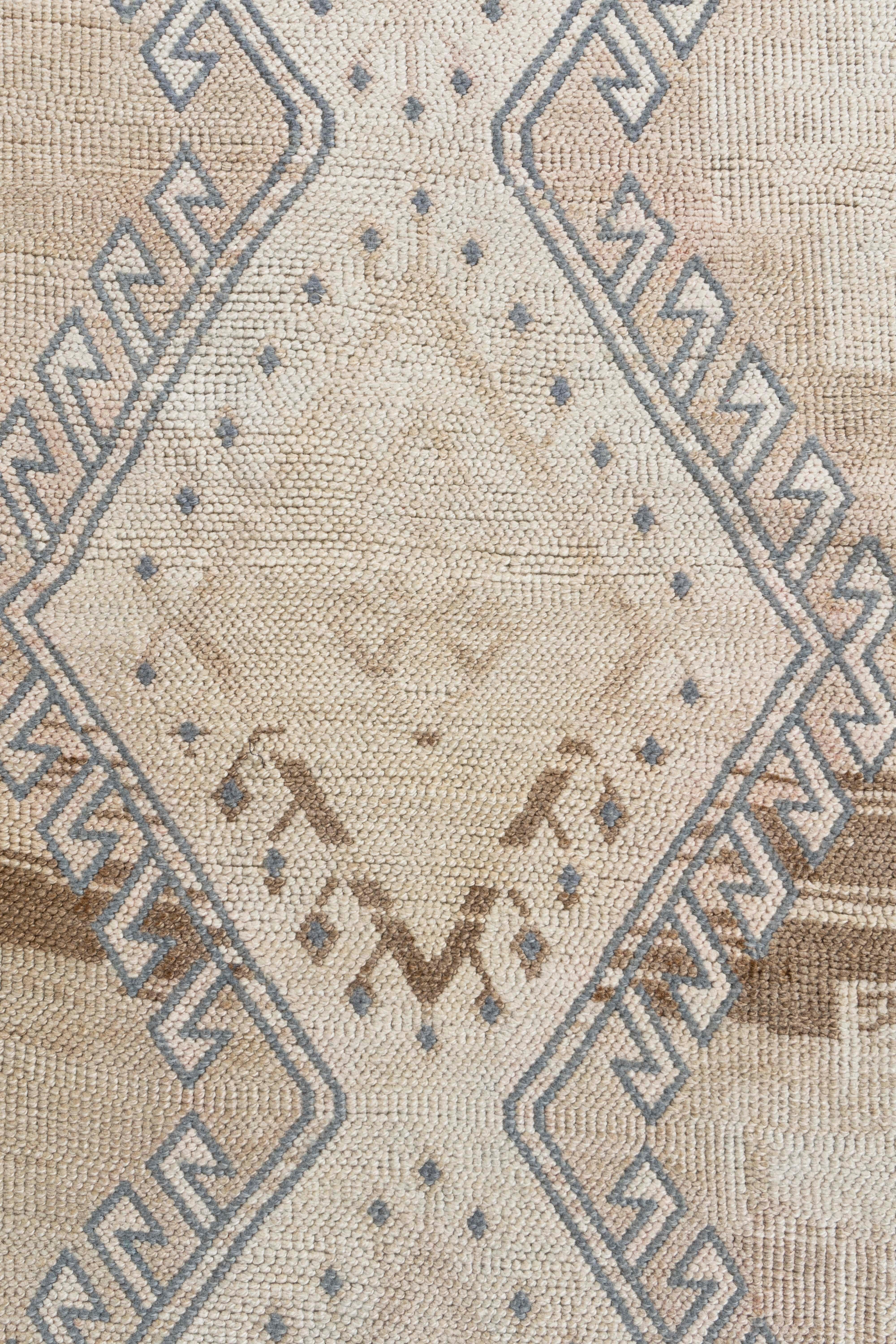 Hand-Knotted Vintage Circa 1940 Beige Turkish Oushak Kars Hand Knotted Rug For Sale