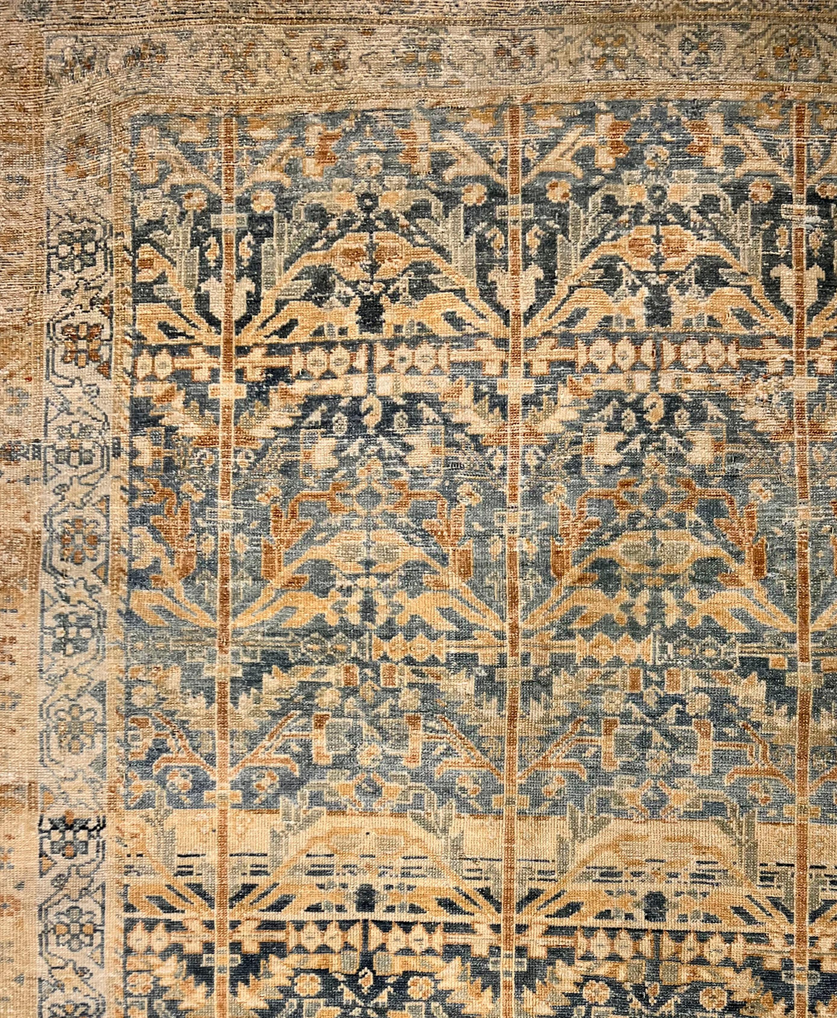 Vintage Circa 1940 Blue Lightly Distressed Malayer Hand Knotted Rug 3' X 5'. Rugs from Malayer, east of Hamadan, could be considered top quality Hamadan’s and they share similar structural aspects. The wonderful soft pastel blues of the border