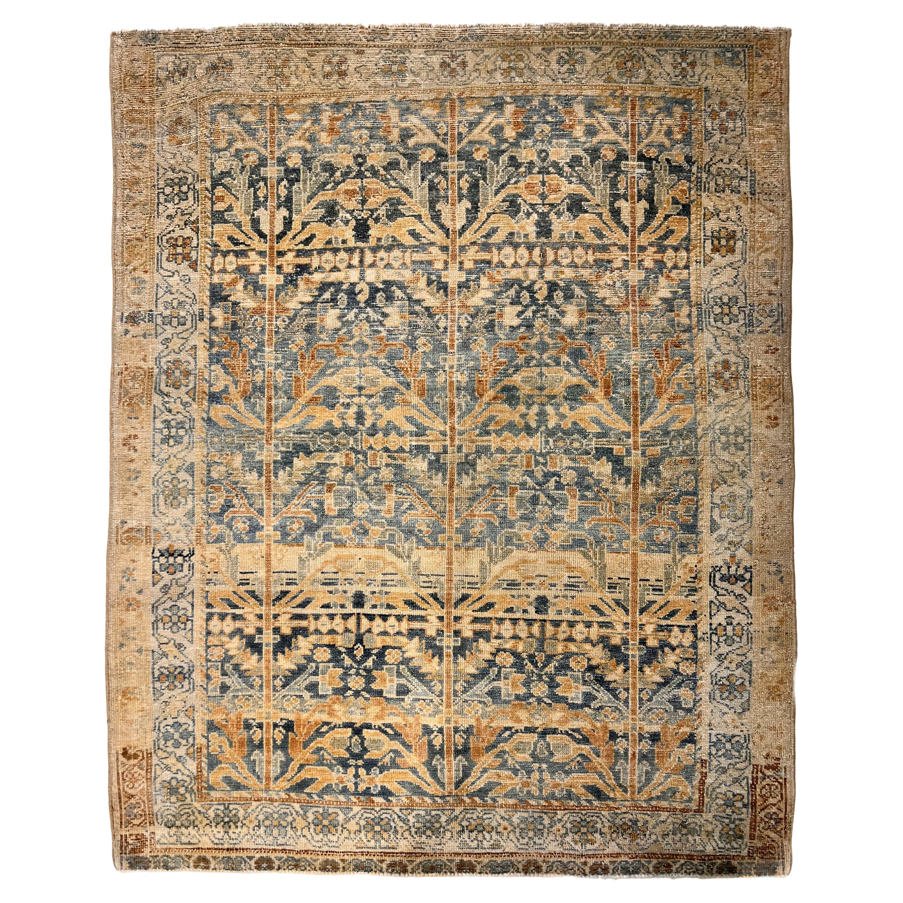 Vintage Circa 1940 Blue Lightly Distressed  Malayer Hand Knotted Rug 3' X 5' For Sale