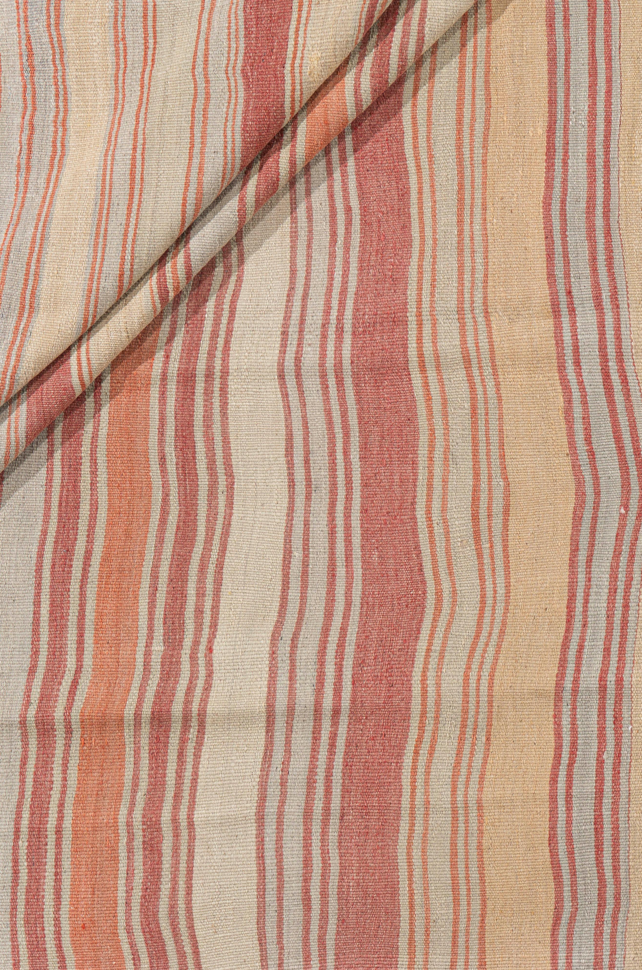 4'11 X 9'5. This vintage Turkish flat weave Kilim is hand-woven. The simplicity and boldness of this piece can also give a contemporary feel and is able to look at home in both a modern and traditional setting. The geometric design in soft colors is