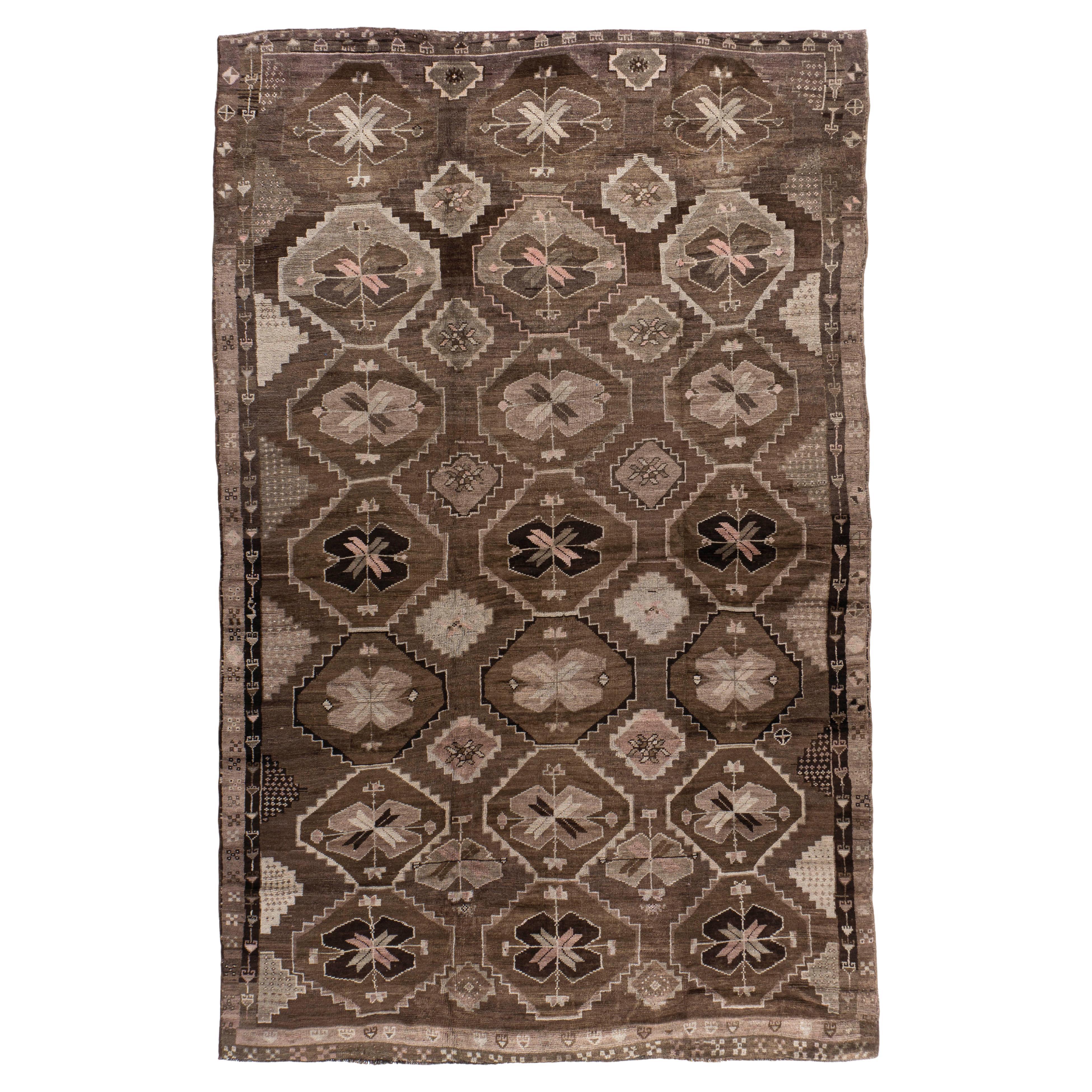 Vintage Circa 1940 Brown Turkish Oushak Hand Knotsted Wool Rug 7'10 X 12'6