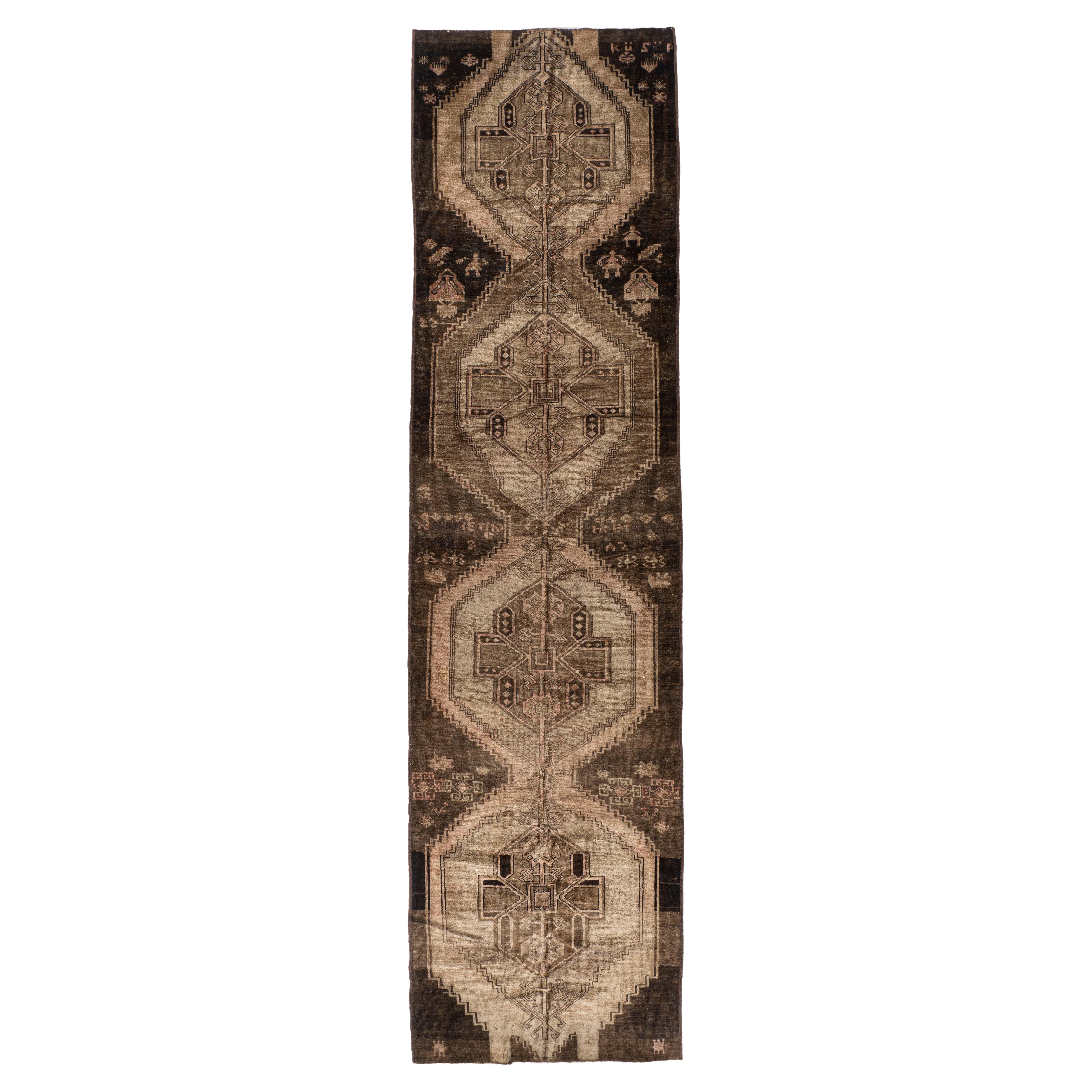 Vintage Circa 1940 Brown Turkish Oushak Hand Knotted Wool Runner 3'11 X 15'1