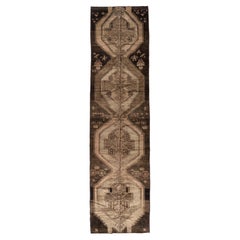 Vintage Circa 1940 Brown Turkish Oushak Hand Knotted Wool Runner 3'11 X 15'1