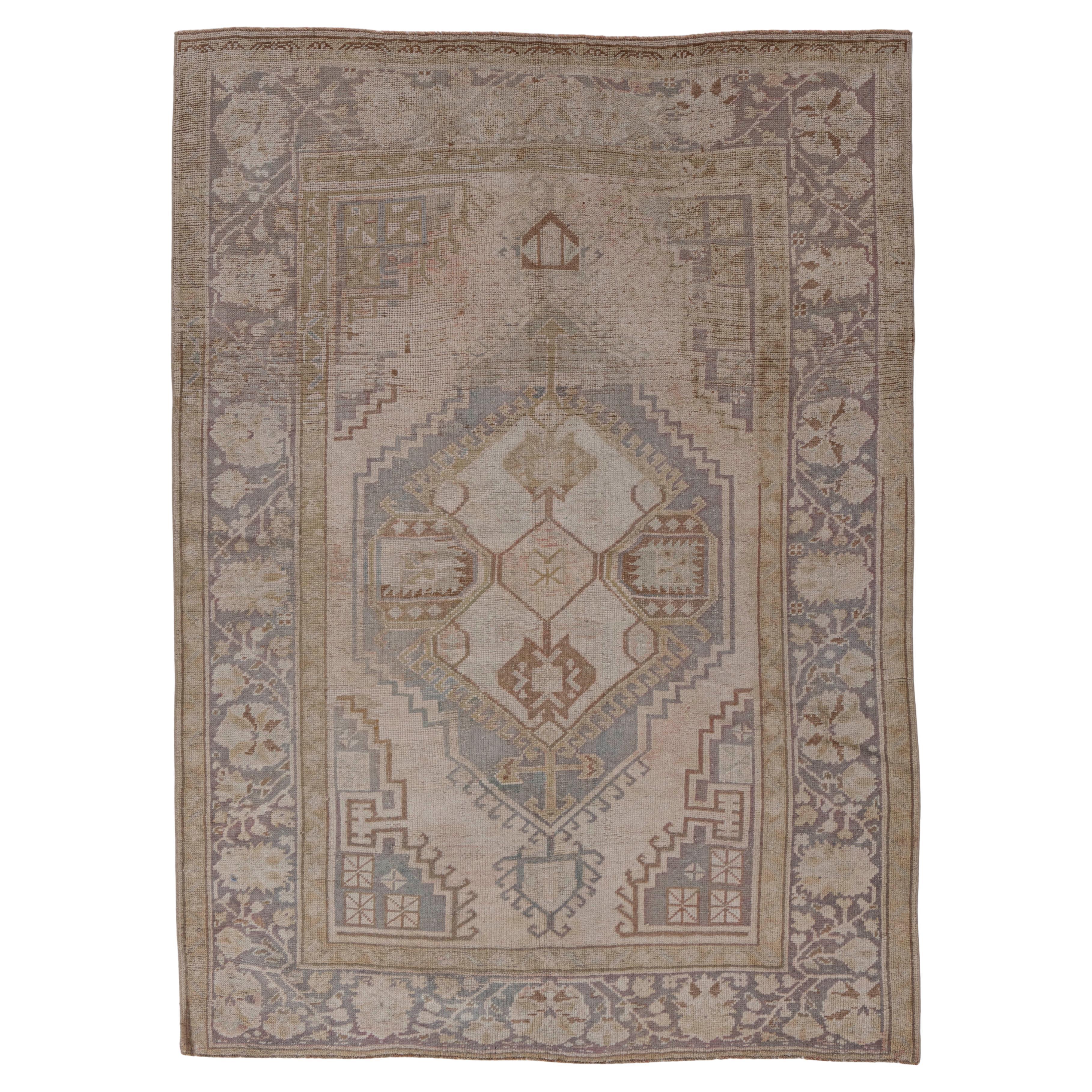 Vintage Circa 1940 Distressed Turkish Oushak Hand Knotted Wool Rug Ivory Brown