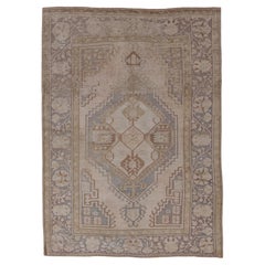 Vintage Circa 1940 Distressed Turkish Oushak Hand Knotted Wool Rug Ivory Brown