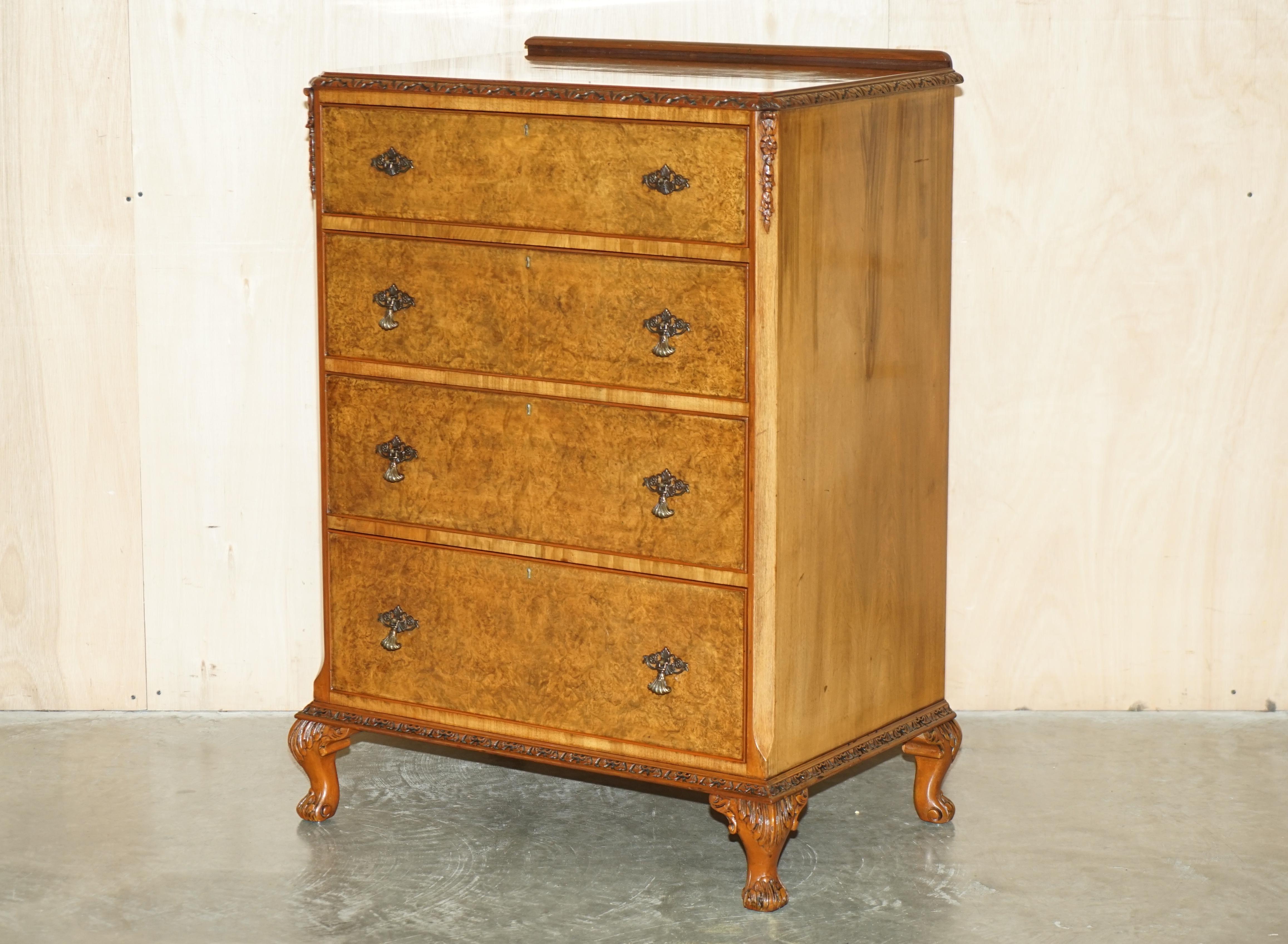 Royal House Antiques

Royal House Antiques is delighted to offer for sale this lovely hand made in England Circa 1940's Burr & Burl Walnut chest of drawers with ornately carved Cabriolet legs 

Please note the delivery fee listed is just a guide, it