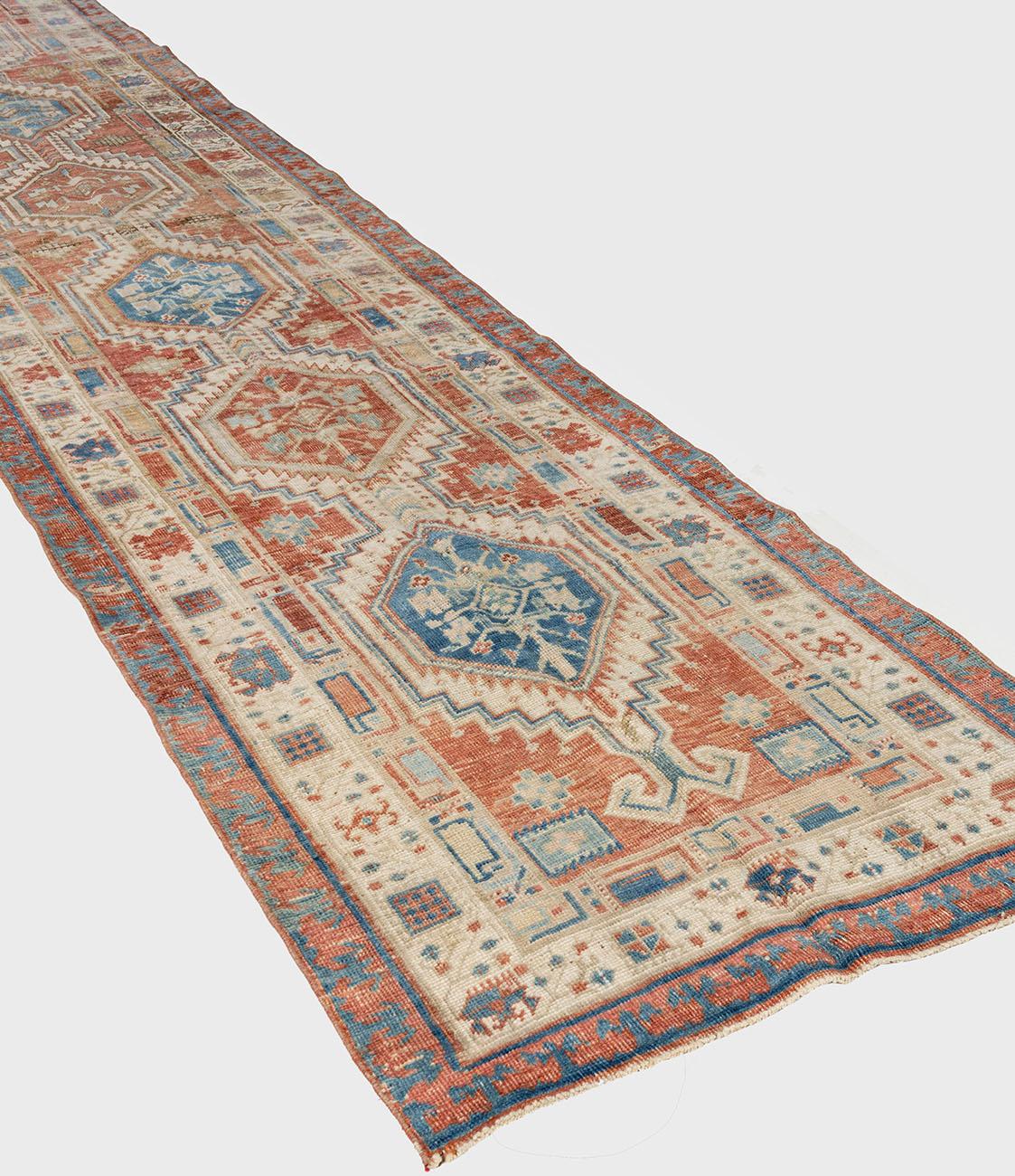 Vintage Circa 1940 Hand Knotted Persian Heriz Runner Brick Ivory 3' x 14'7 For Sale 10