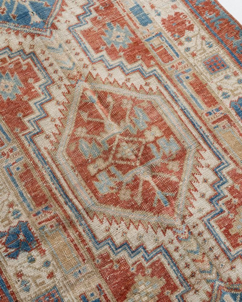 Hand-Knotted Vintage Circa 1940 Hand Knotted Persian Heriz Runner Brick Ivory 3' x 14'7 For Sale