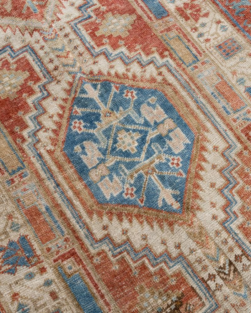 Vintage Circa 1940 Hand Knotted Persian Heriz Runner Brick Ivory 3' x 14'7 In Good Condition For Sale In New York, NY