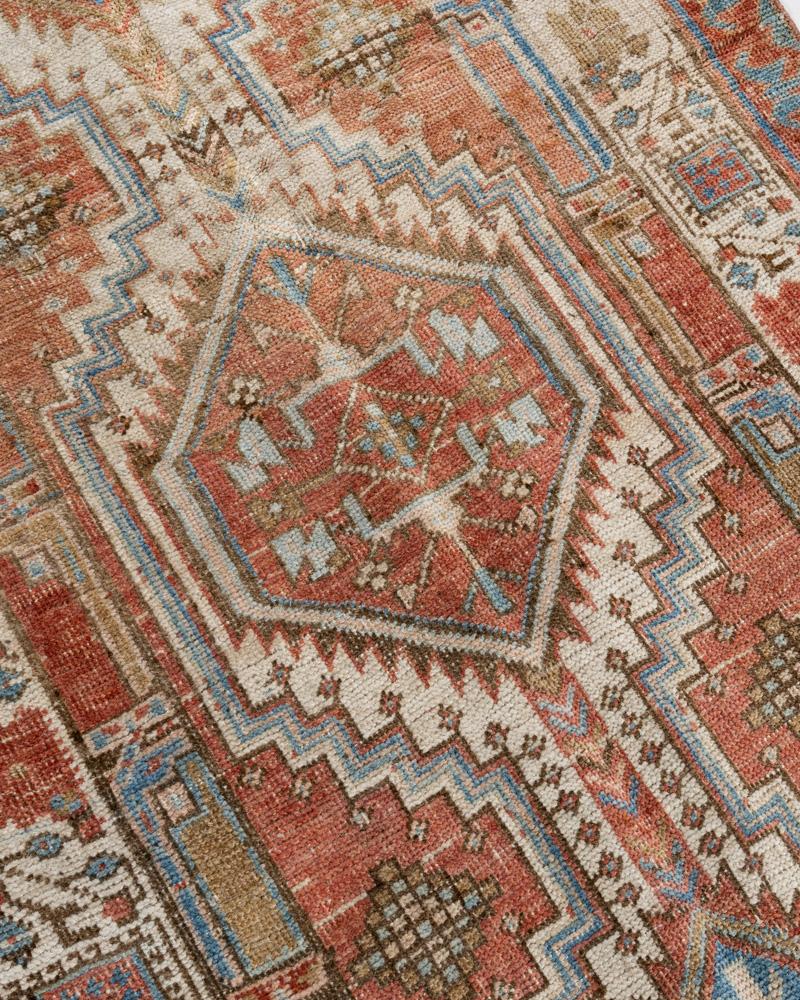 20th Century Vintage Circa 1940 Hand Knotted Persian Heriz Runner Brick Ivory 3' x 14'7 For Sale