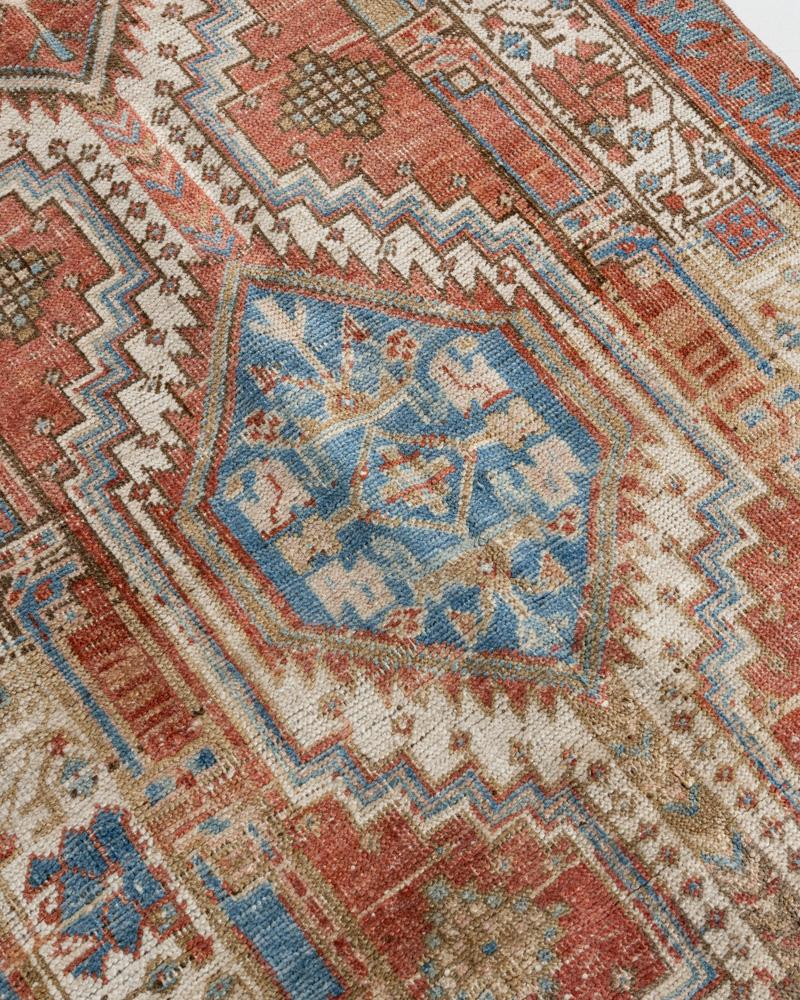 Wool Vintage Circa 1940 Hand Knotted Persian Heriz Runner Brick Ivory 3' x 14'7 For Sale
