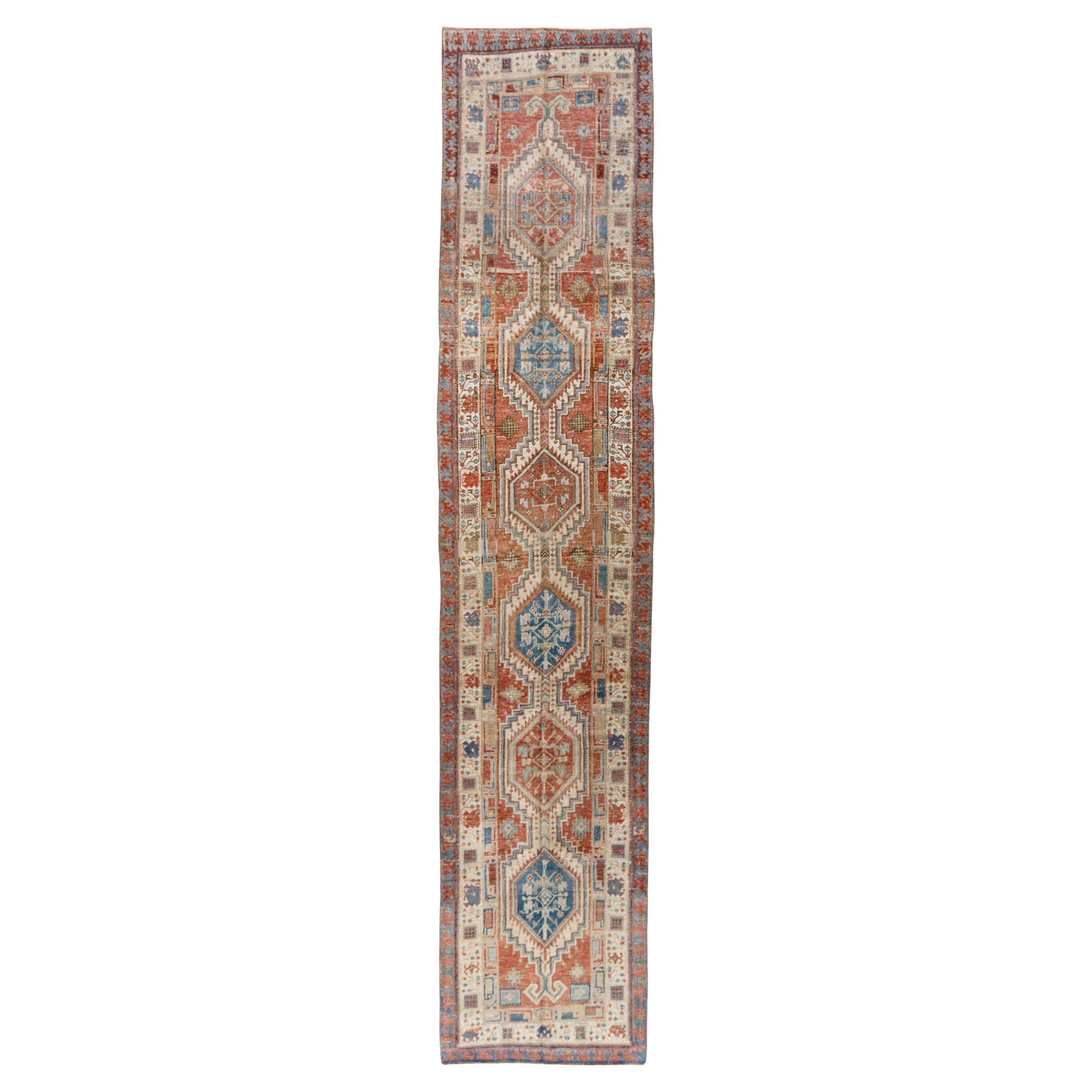 Vintage Circa 1940 Hand Knotted Persian Heriz Runner Brick Ivory 3' x 14'7 For Sale