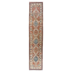 Vintage Circa 1940 Hand Knotted Persian Heriz Runner Brick Ivory 3' x 14'7