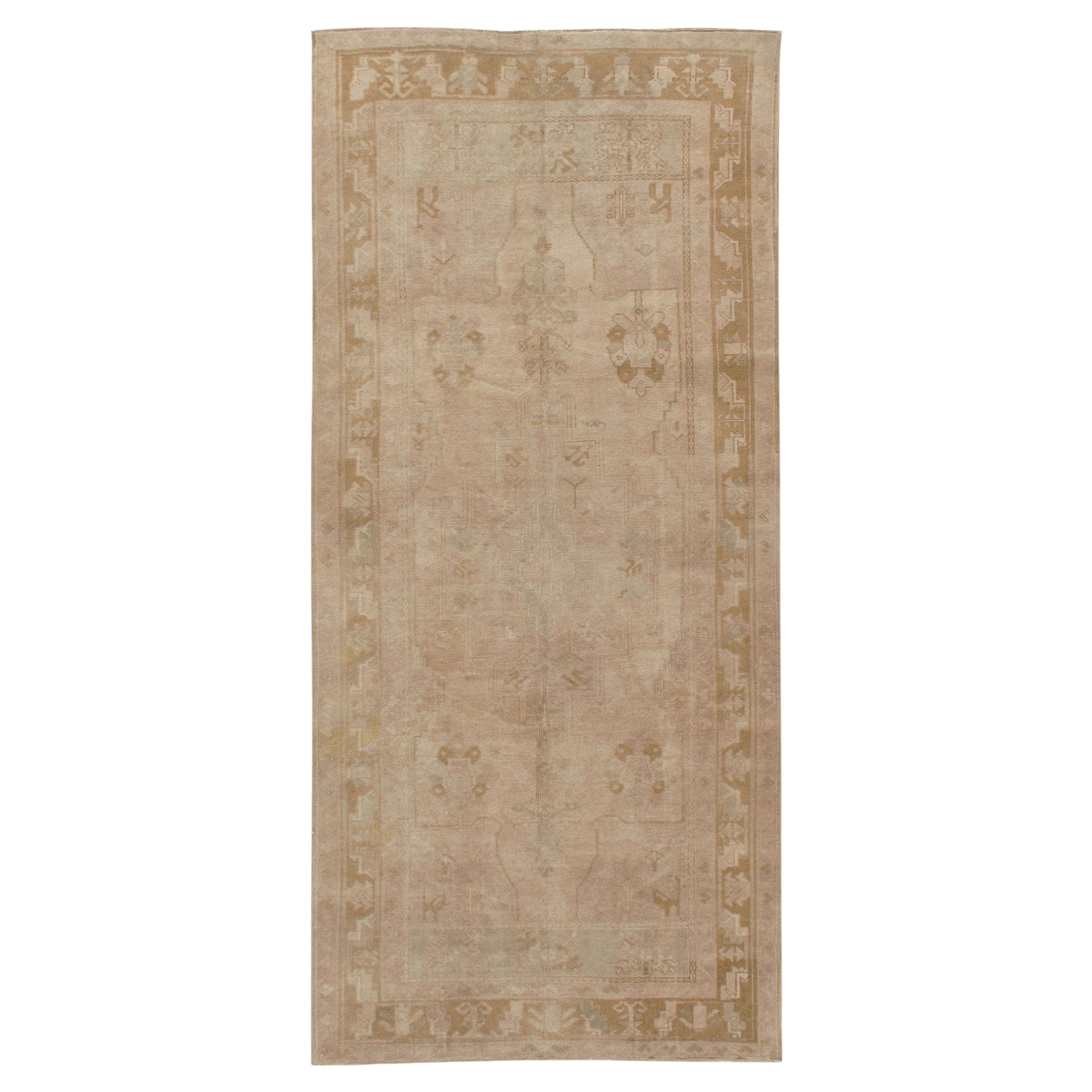 Vintage Circa 1940 Handwoven Wool Turkish Tan Oushak Rug 4'4 x 9'4