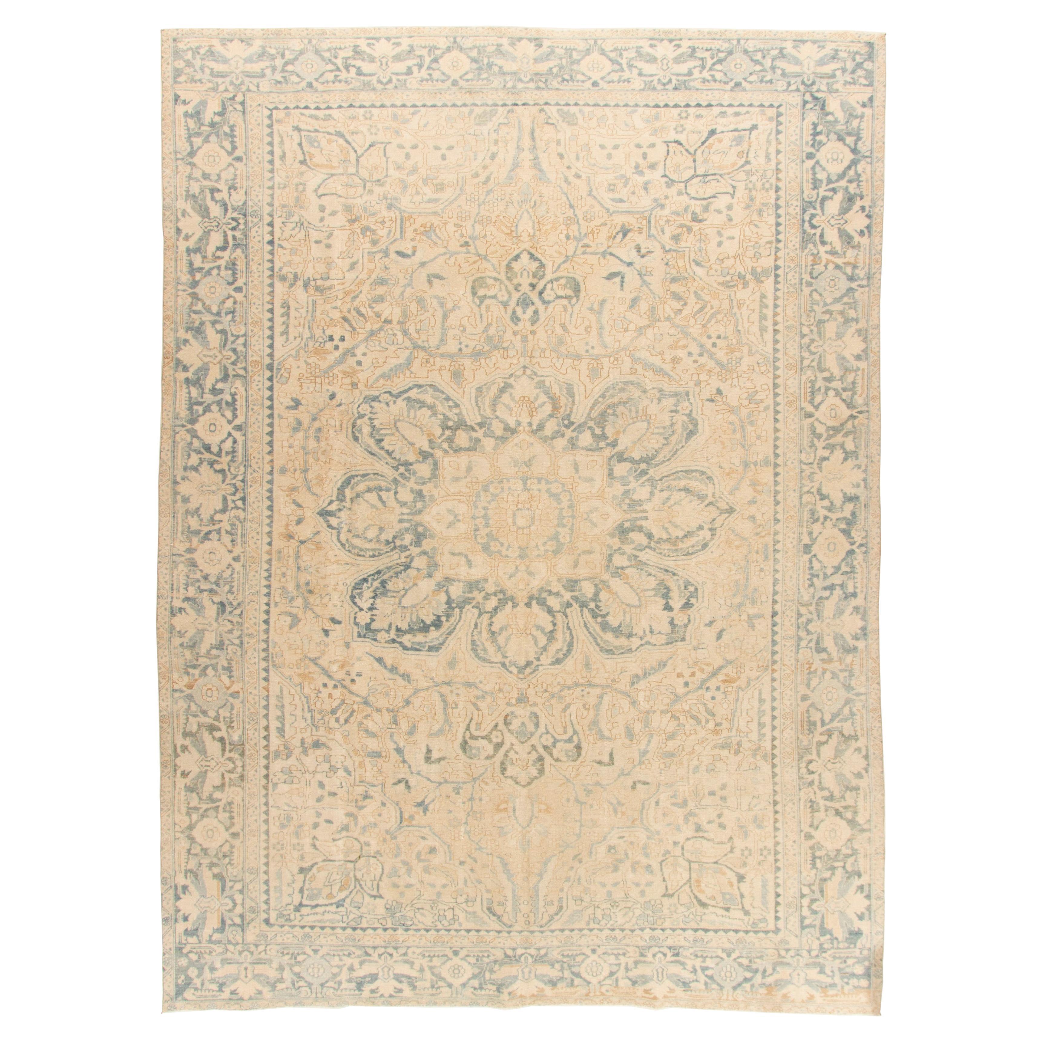 Vintage Circa 1940 Ivory Persian Heriz Hand Knotted Rug, 9'11 X 13'9