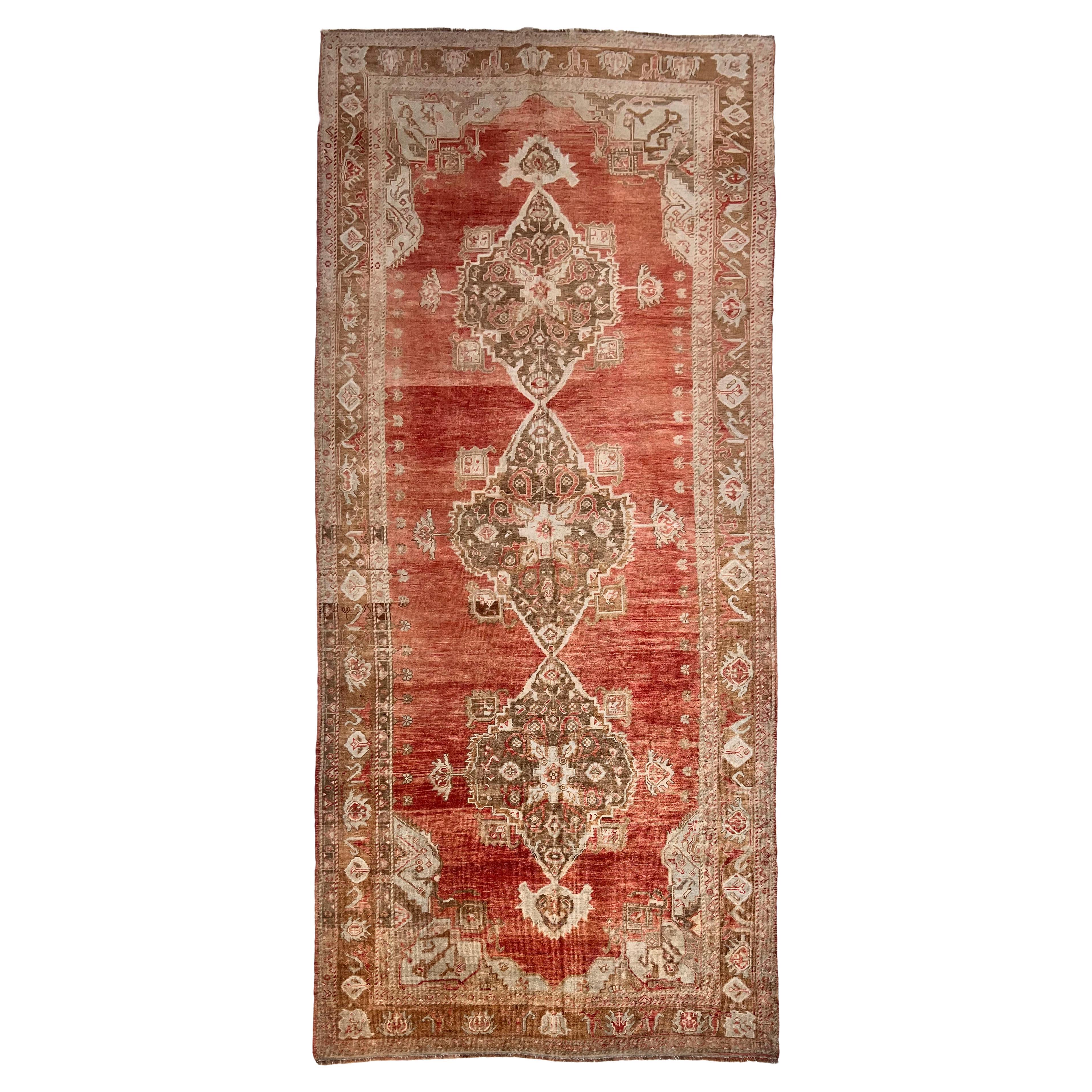 Vintage Circa 1940 Light Brick Oushak Hand Knotted Wool Runner, 4'11 X 12'7