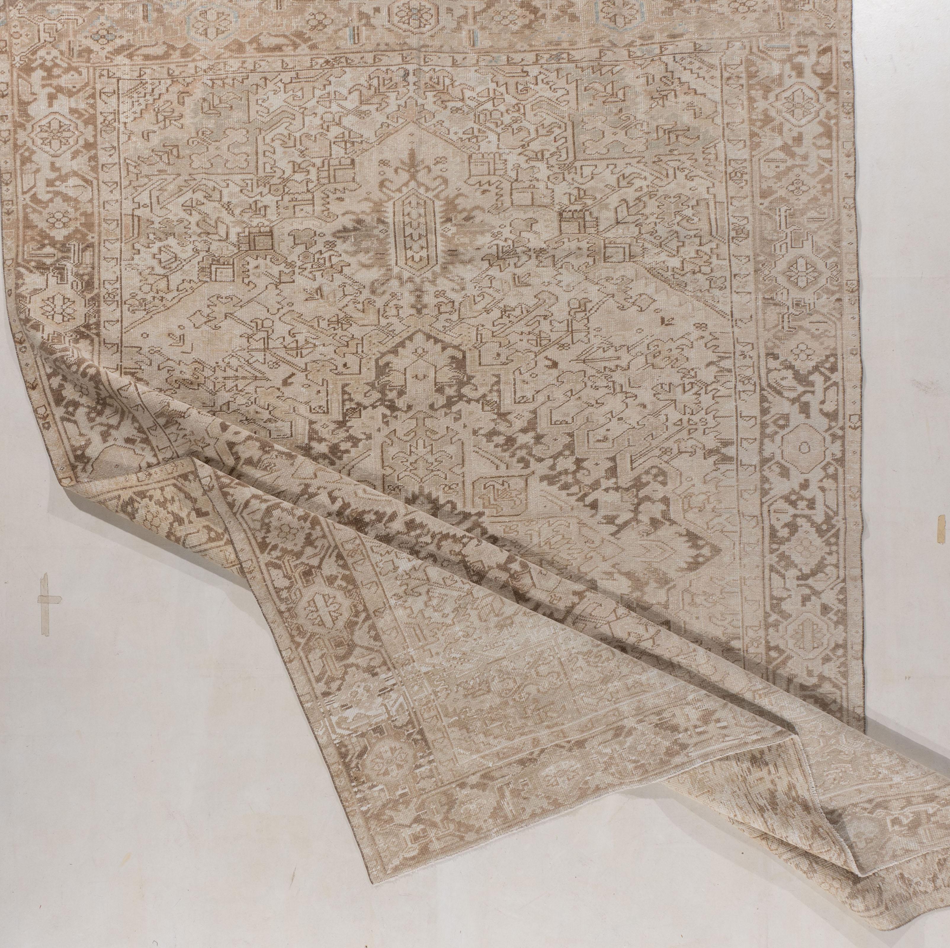Hand-Woven Vintage Circa 1940 Persian Heriz Hand Woven Wool Beige Rug, 8'8 x 11'7 For Sale
