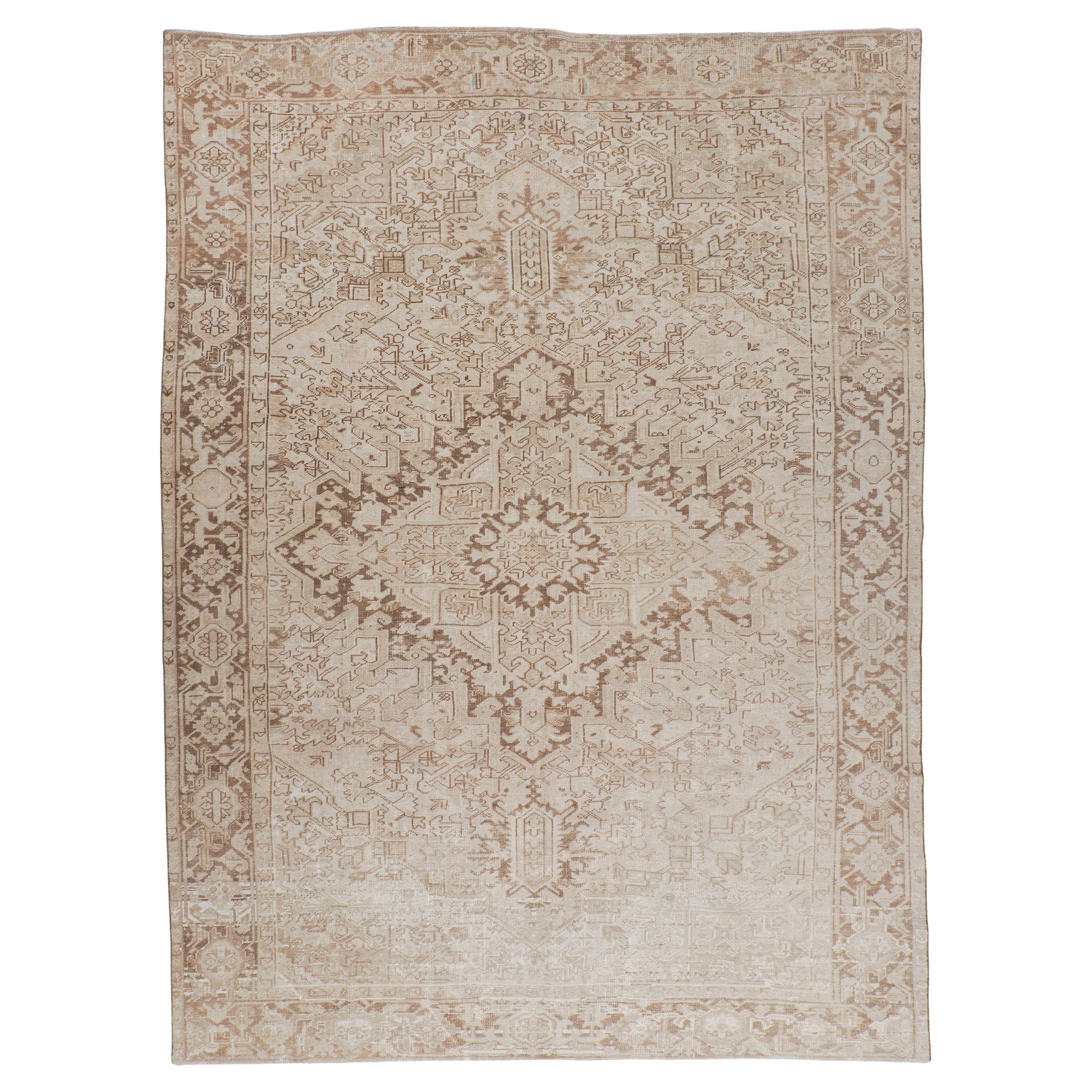 Vintage Circa 1940 Persian Heriz Hand Woven Wool Beige Rug, 8'8 x 11'7 For Sale