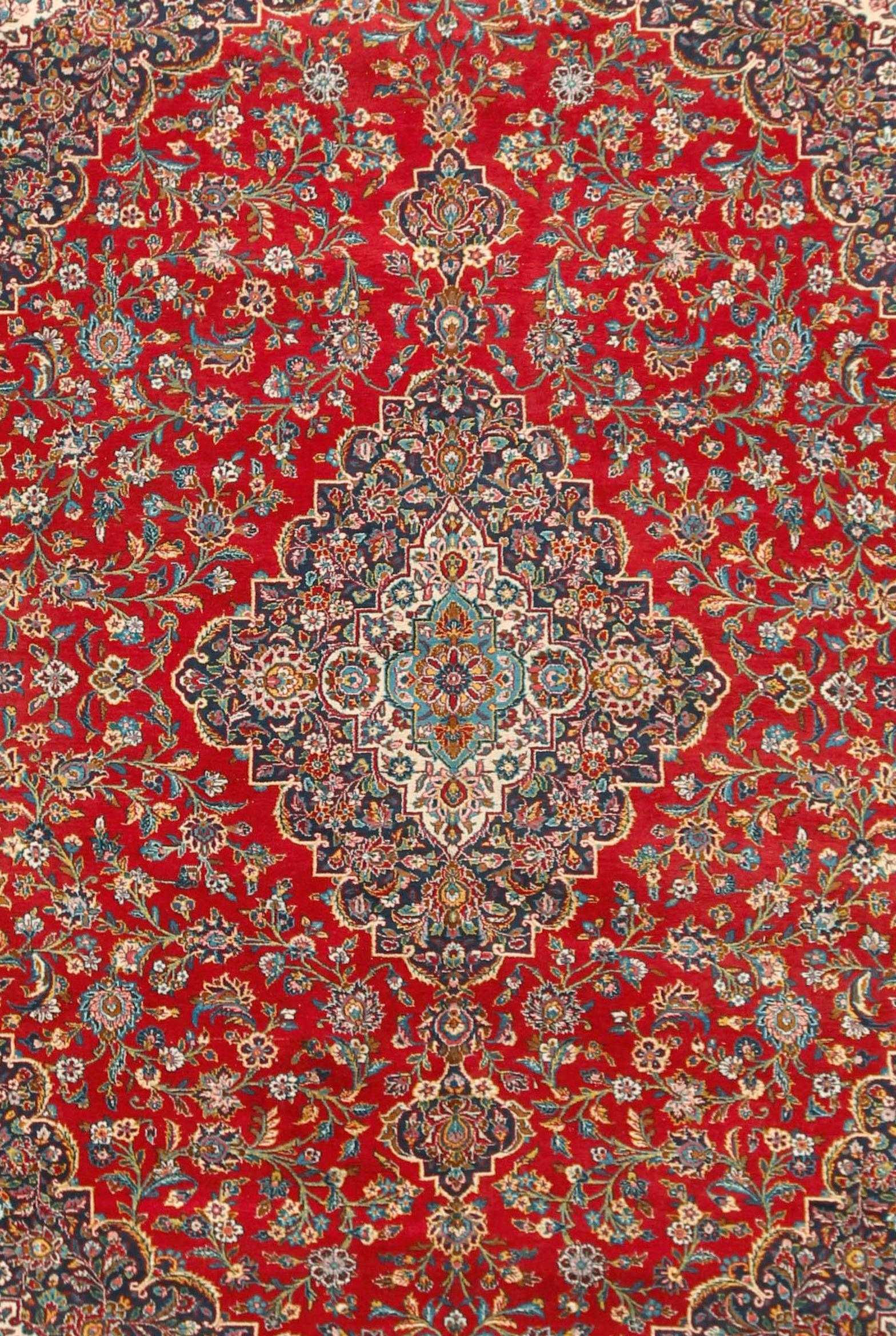 Persischer Kashan-Teppich in Rot und Blau, Vintage, ca. 1940, 10'4 x 14'5 cm (20. Jahrhundert) im Angebot