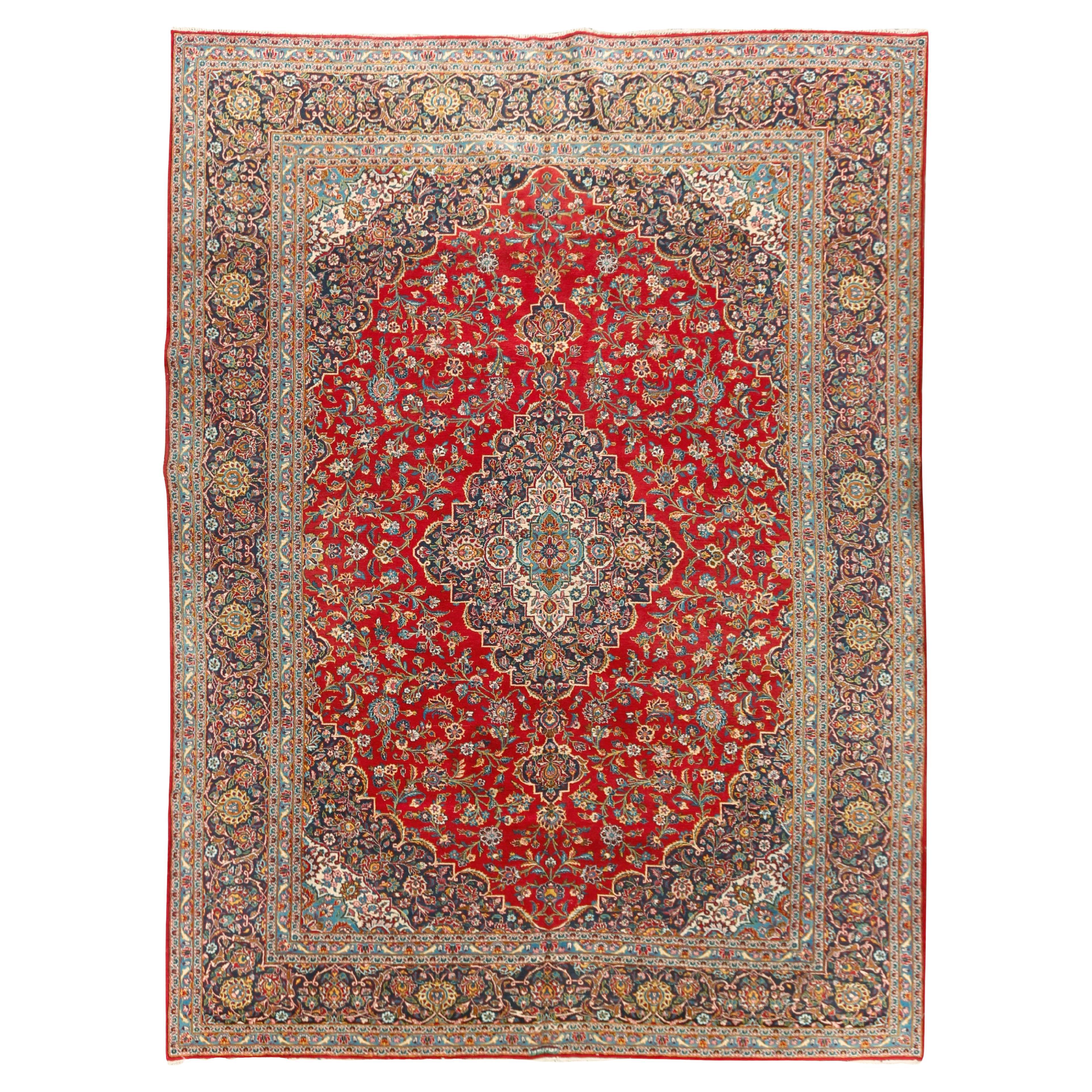 Vintage Circa 1940 Persian Kashan Red Blue Rug 10'4 x 14'5