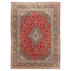 Vintage Circa 1940 Persian Kashan Red Blue Rug 10'4 x 14'5
