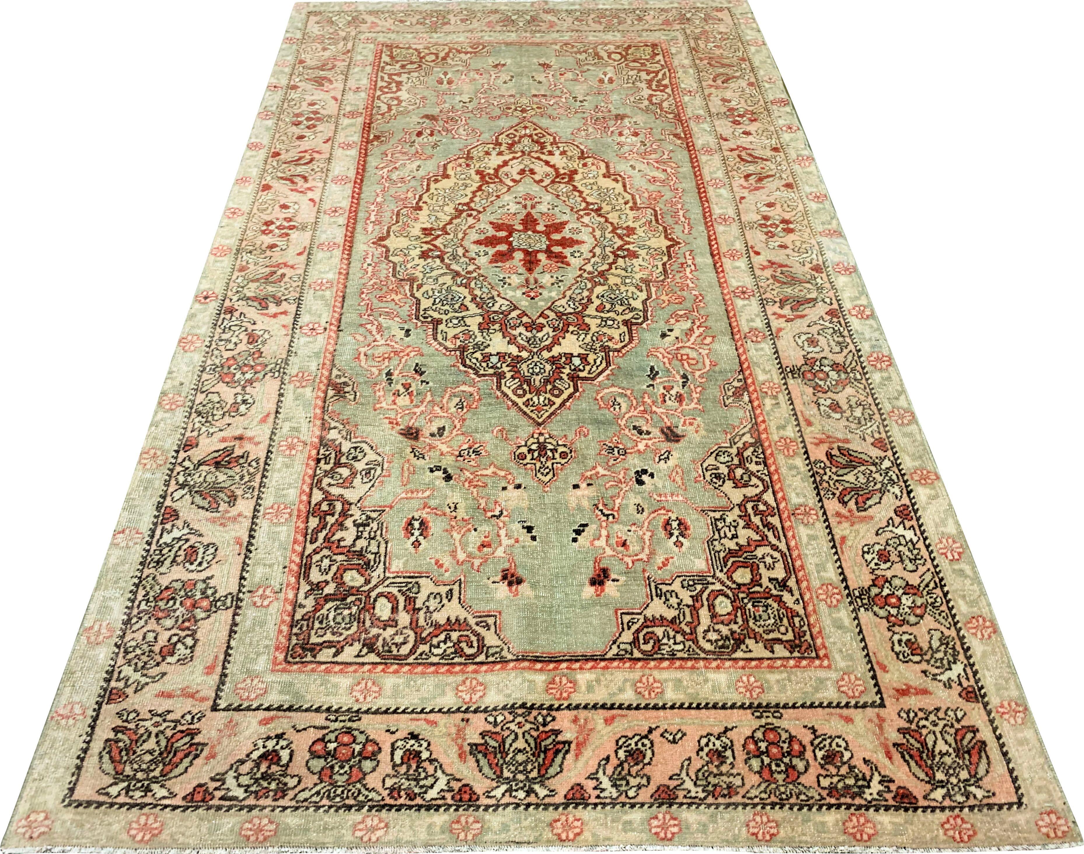 Wool Vintage Circa 1940 Sage Oushak Rug, 4'2 x 6'11 For Sale