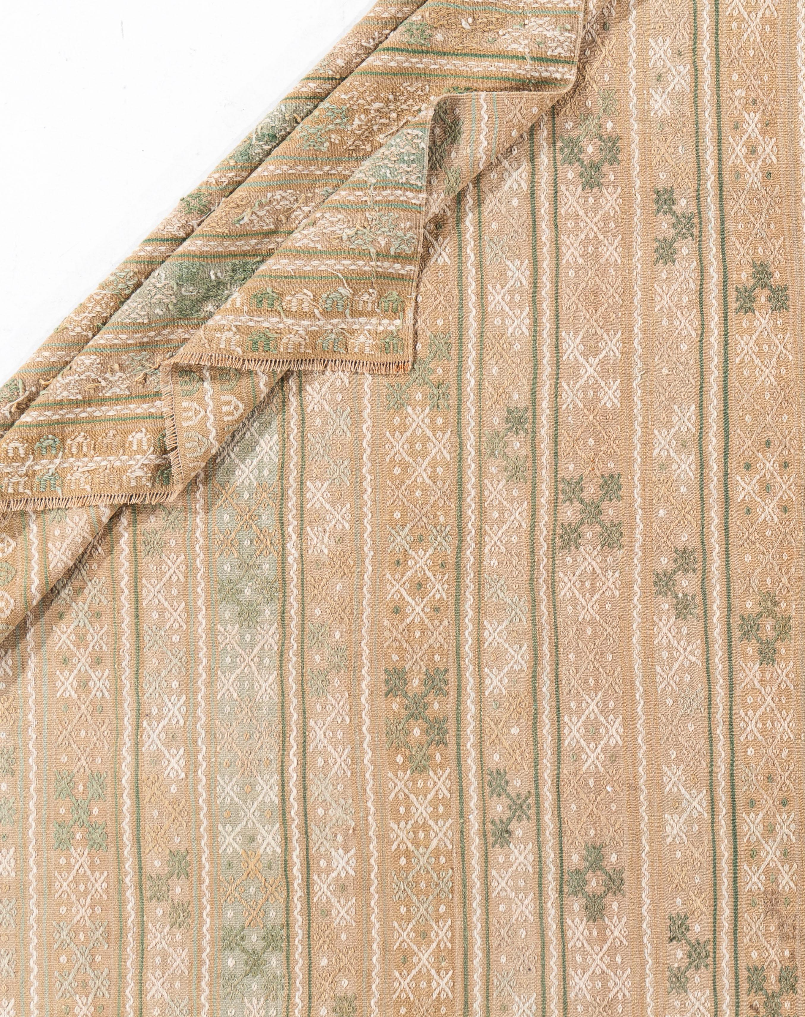 7'2 X 9'. This vintage Turkish flat weave Kilim is hand-woven. The simplicity and boldness of this piece can also give a contemporary feel and is able to look at home in both a modern and traditional setting. The geometric design in soft colors is