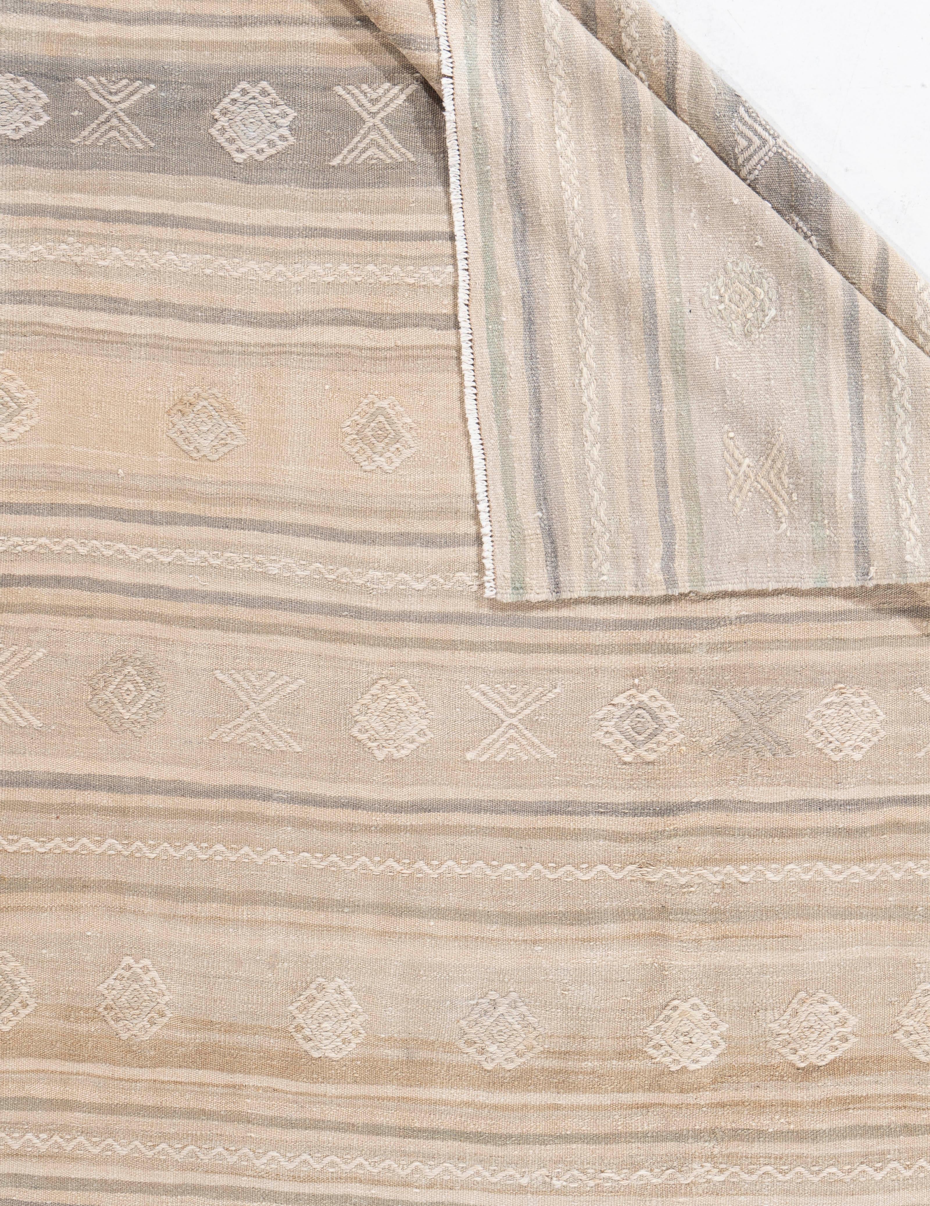 5'5 X 10'8. This vintage Turkish flat weave Kilim is hand-woven. The simplicity and boldness of this piece can also give a contemporary feel and is able to look at home in both a modern and traditional setting. The geometric design in soft colors is