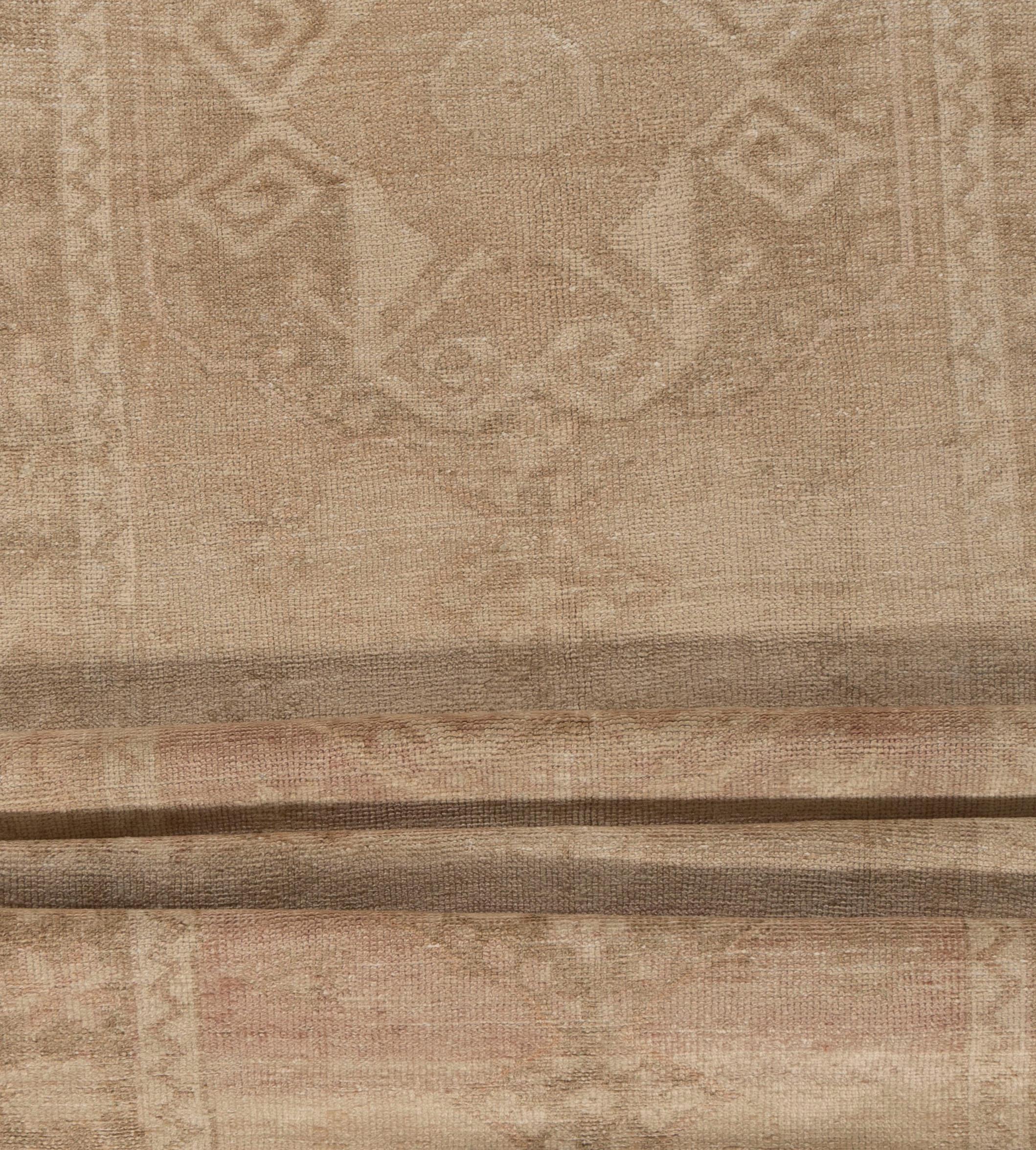 Vintage Circa 1940 Tan Turkish Oushak Hand Knotted Wool Runner For Sale 2